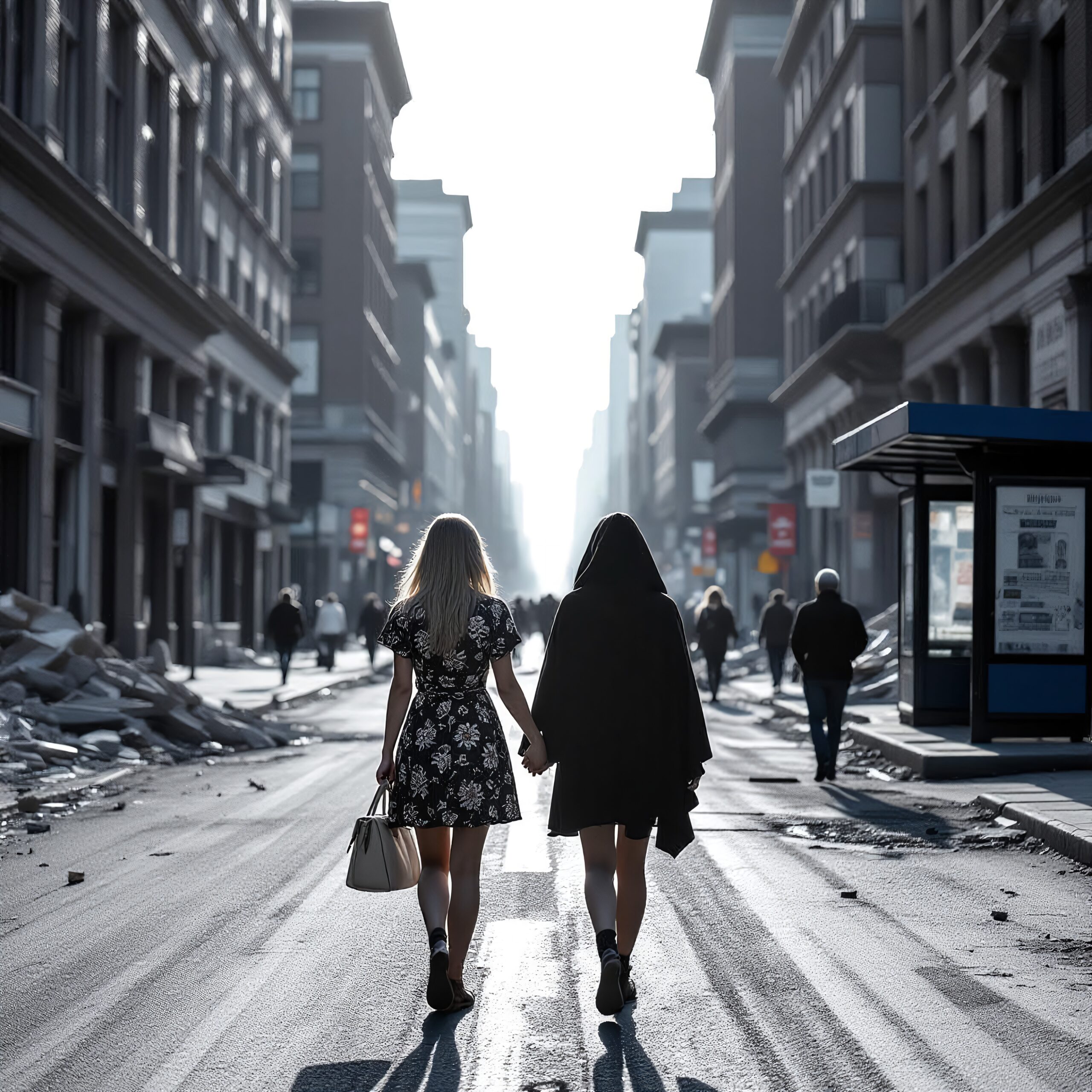 Two women walking on a sunlit city street surrounded by tall buildings and rubble.