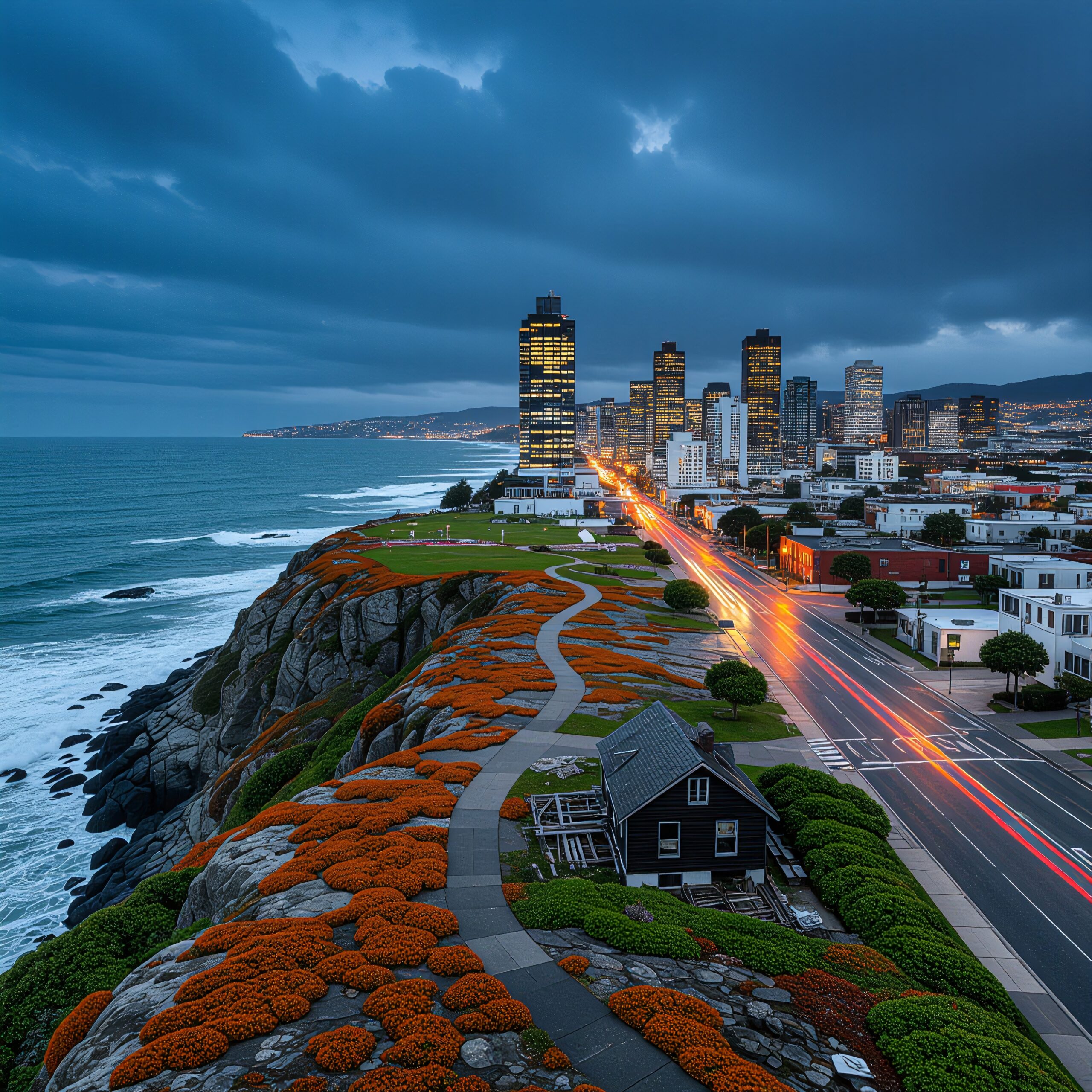 A scenic coastal cityscape with vibrant flowers, tall buildings, and ocean views under a cloudy evening sky.