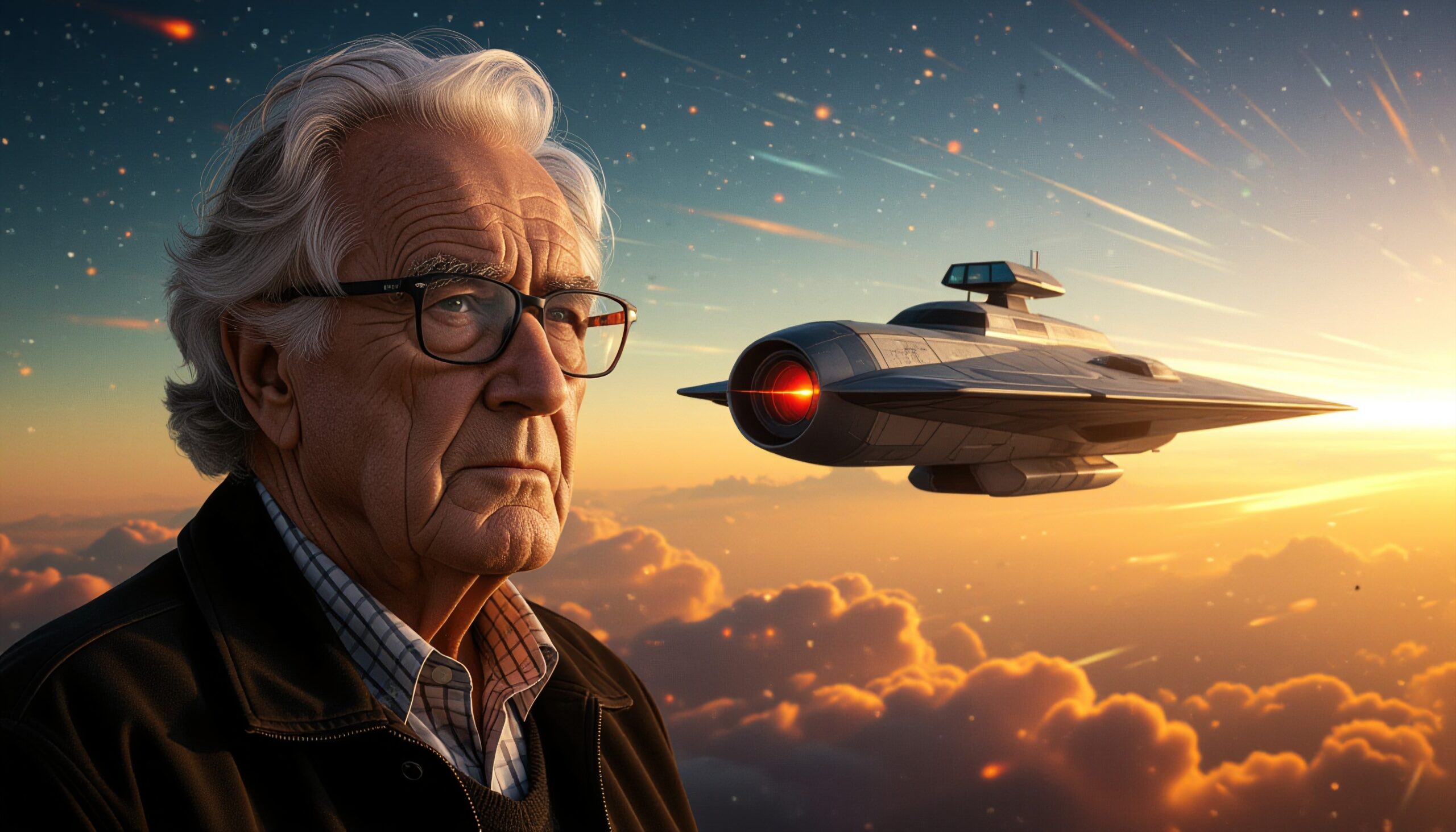 A contemplative elderly man stands under a starry sky with a futuristic spacecraft in the background, set against a sunset-drenched horizon.