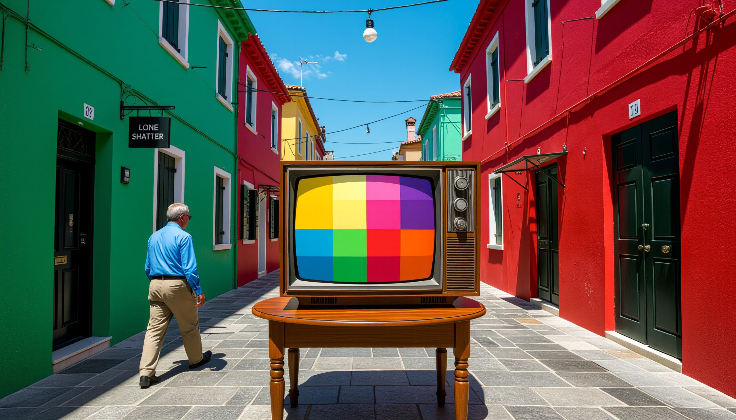 A vibrant street scene featuring colorful buildings and a vintage television displaying a test pattern, with a man walking away.