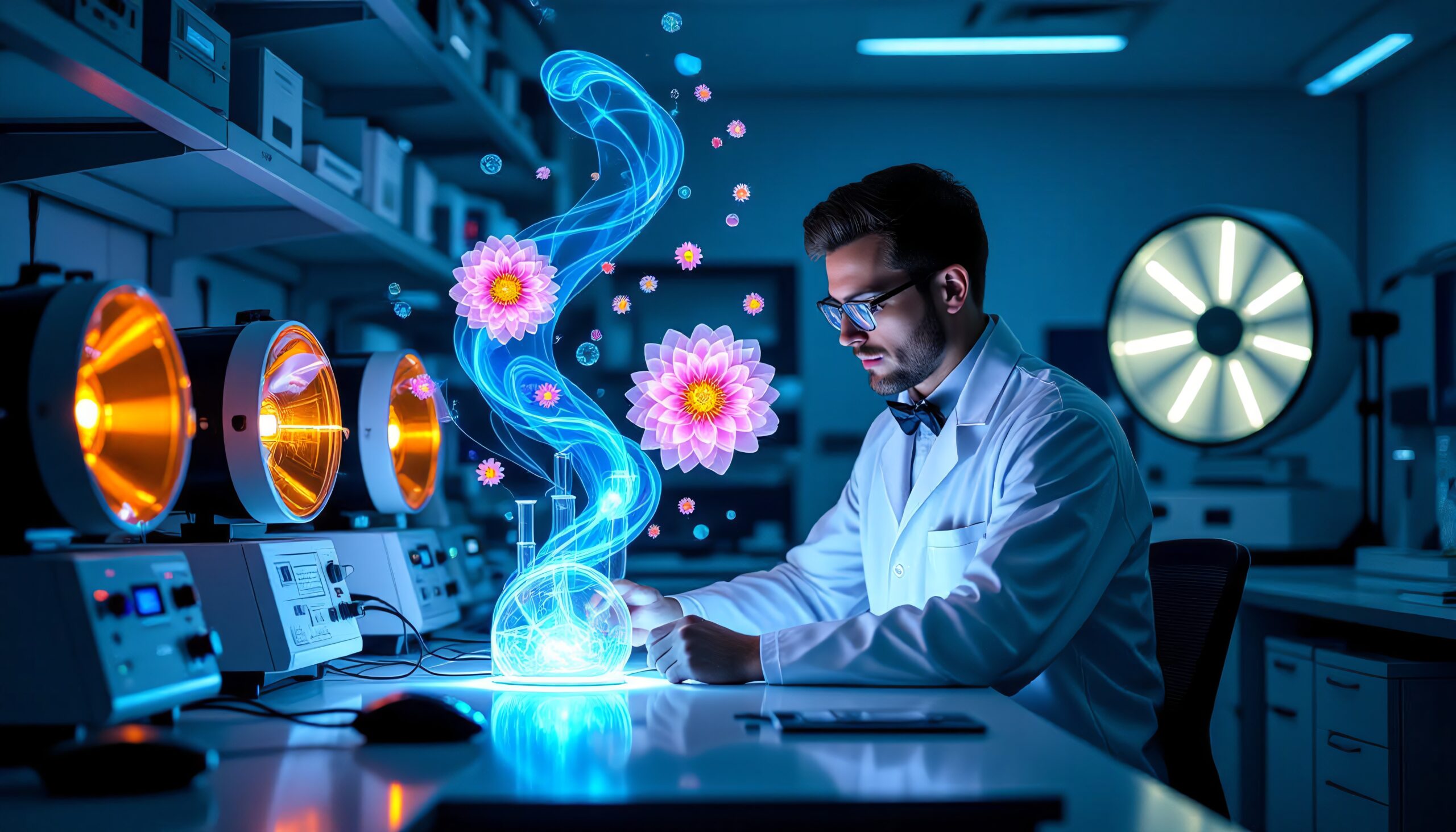 A scientist in a lab conducting a magical, innovative experiment with digital elements.