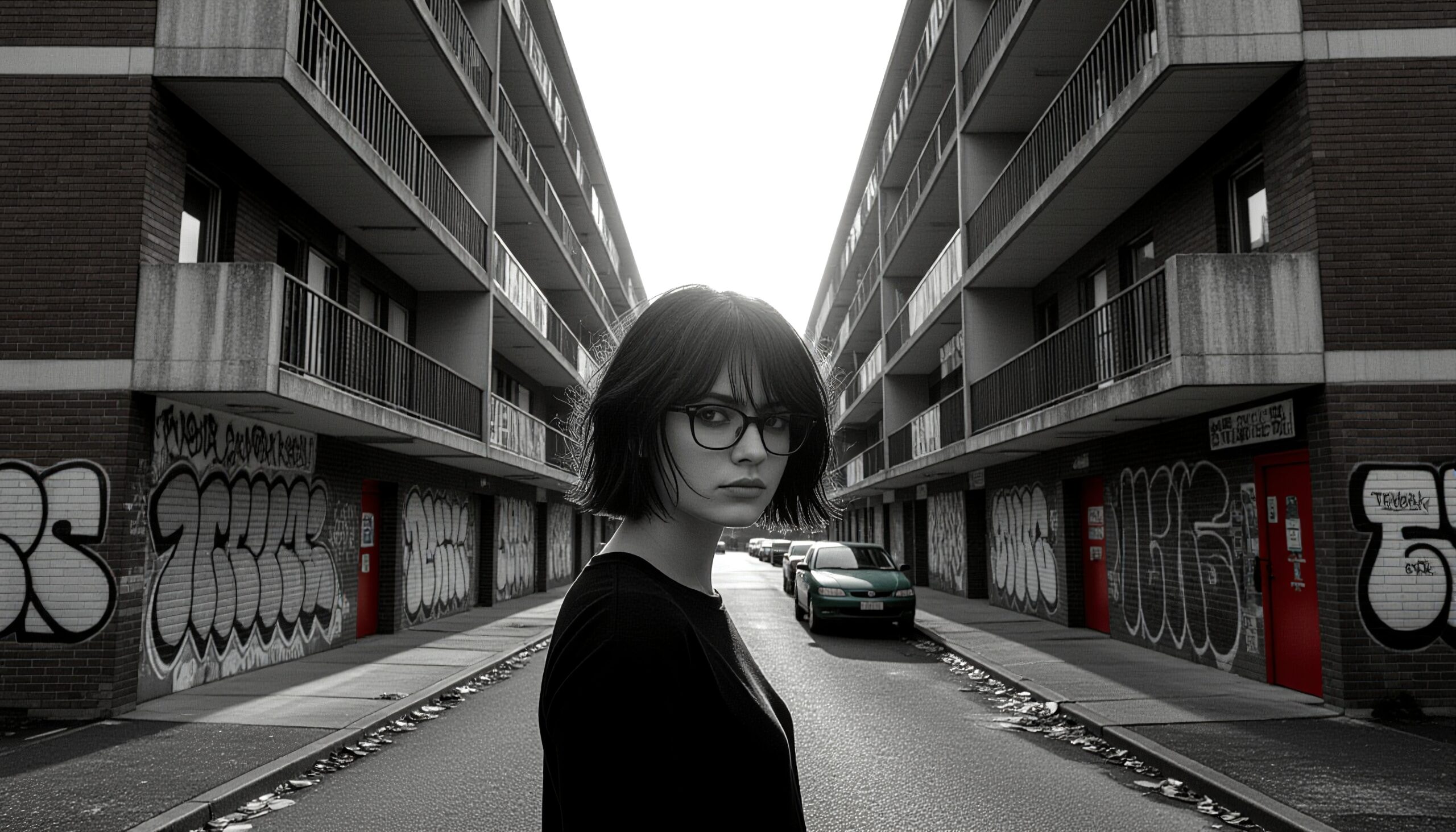 A woman stands in a graffiti-covered alleyway, surrounded by urban apartment buildings.