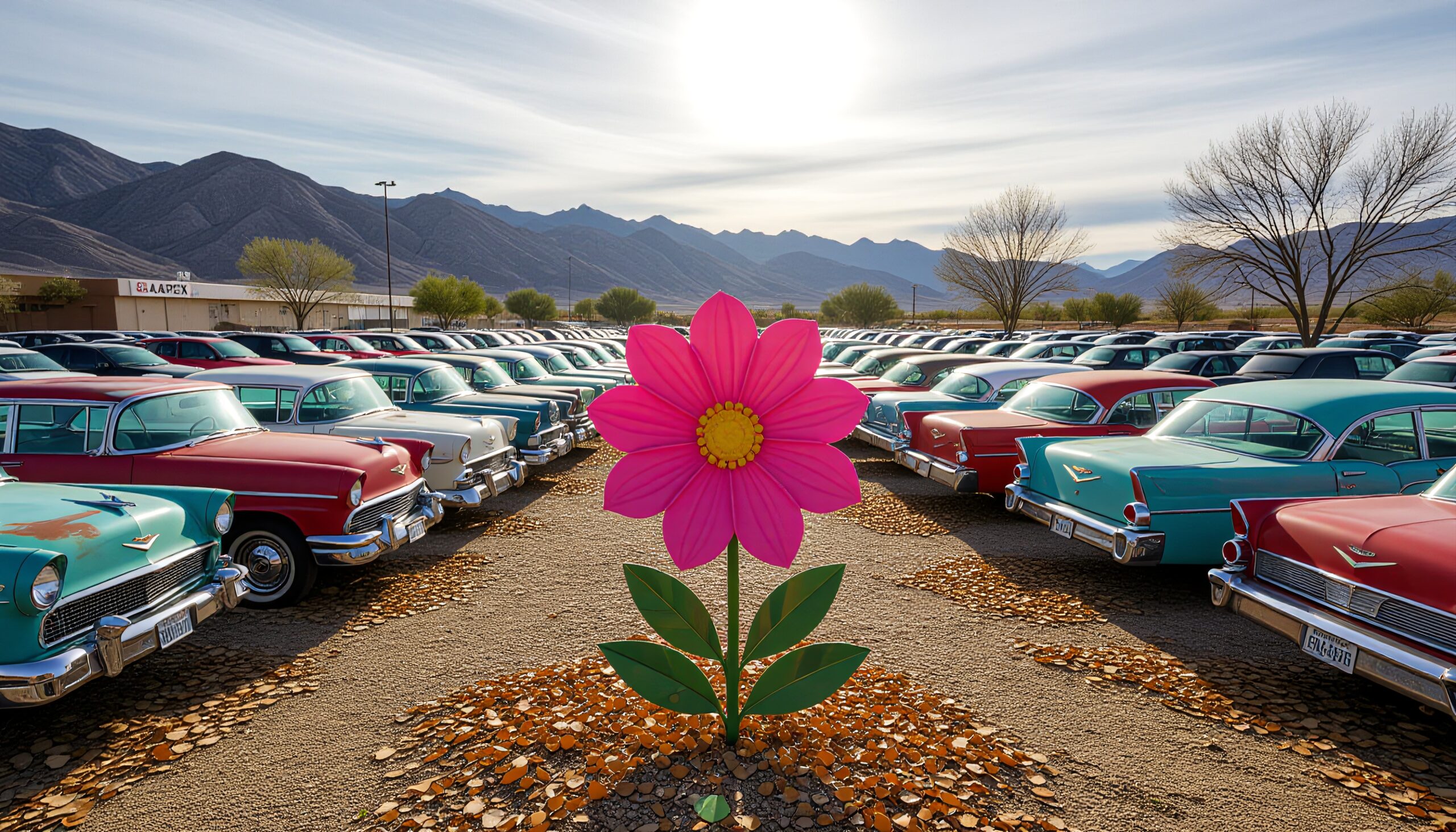 Surreal scene with vintage cars and oversized pink flower against mountain backdrop.