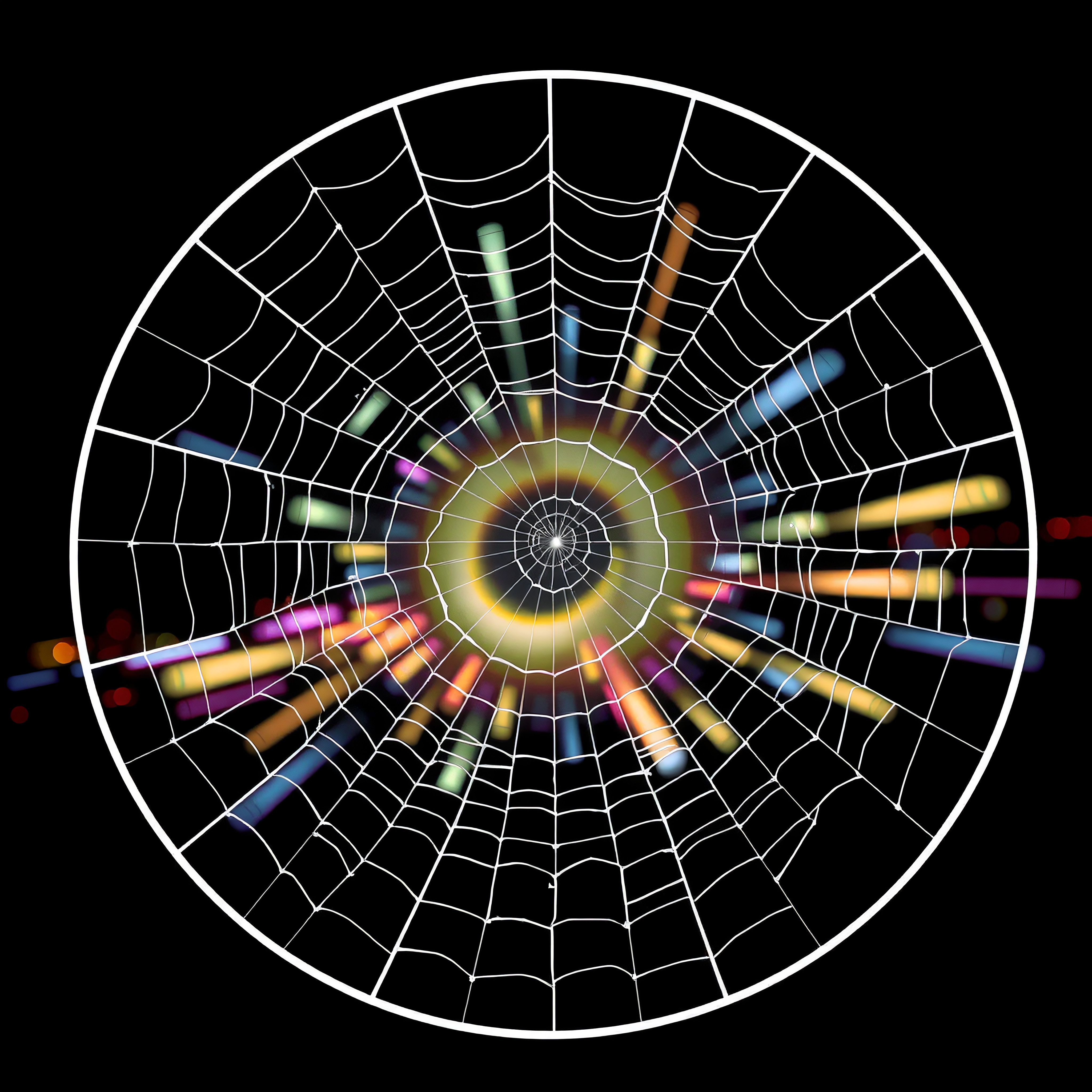 A vibrant spider web against a colorful cosmic burst background.