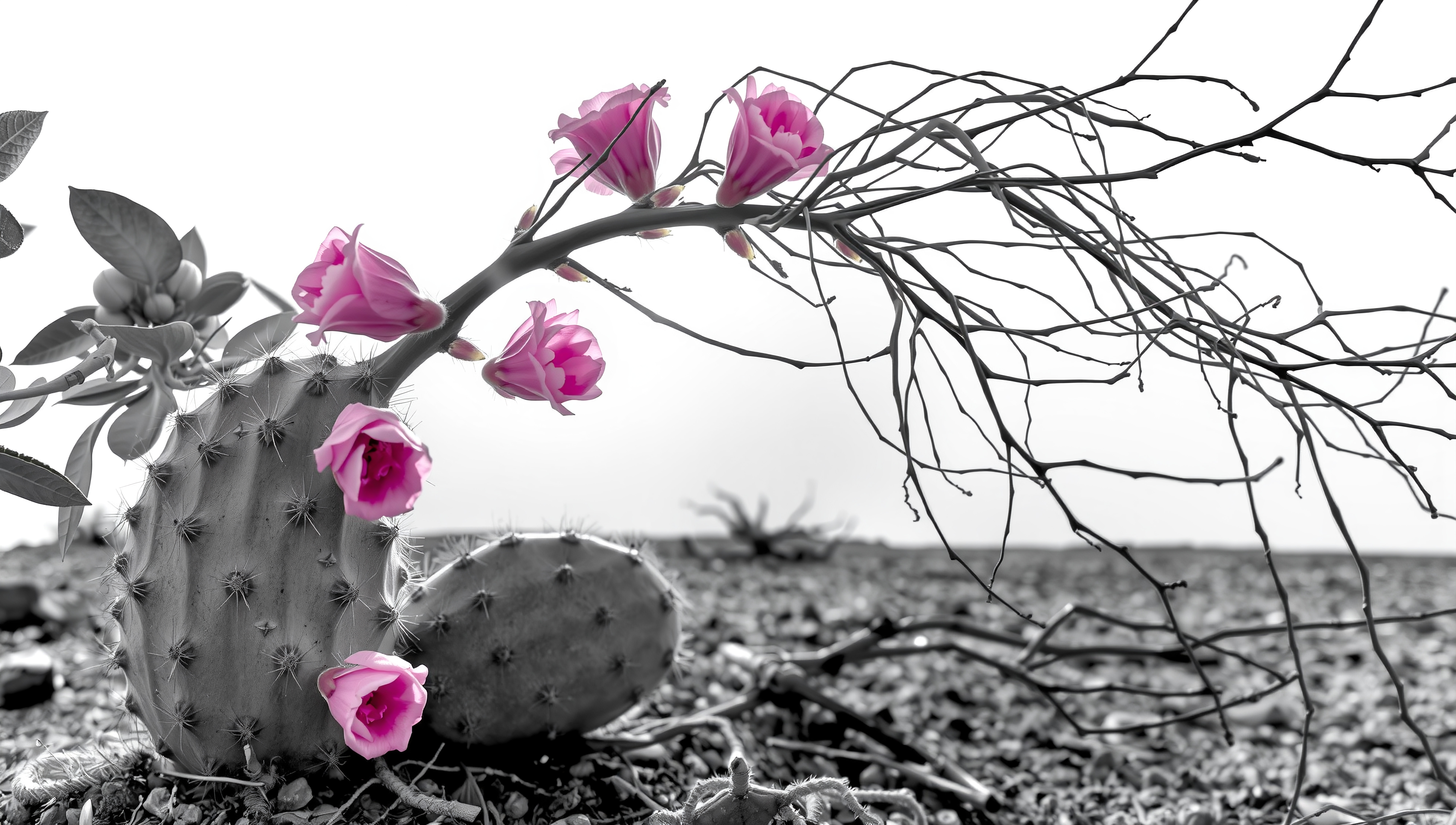 A grayscale desert cactus with vibrant pink flowers blooming, creating a striking contrast in the barren landscape.
