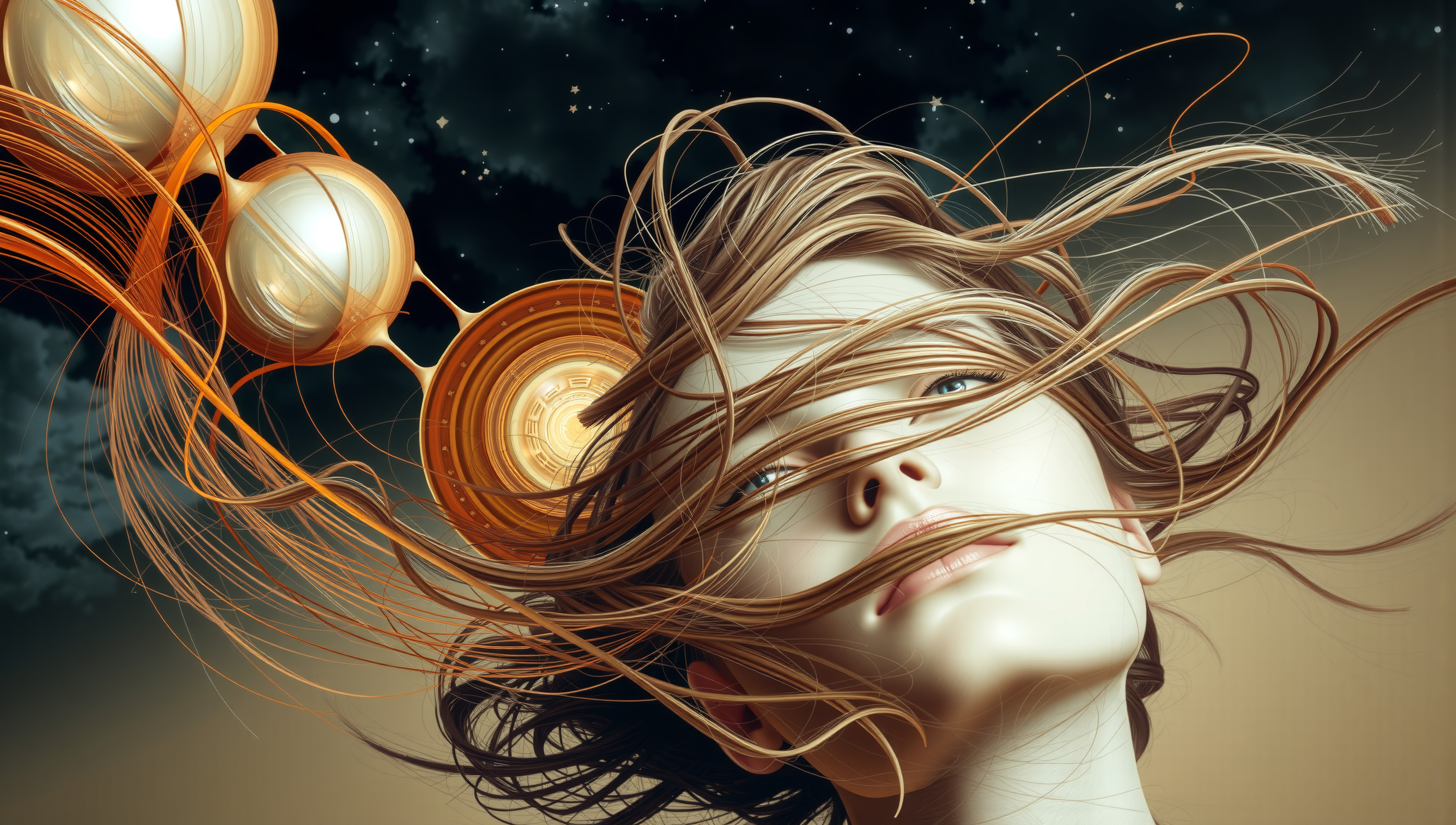 Digital artwork depicting a serene woman with flowing hair amidst luminous orbs against a starry night sky.