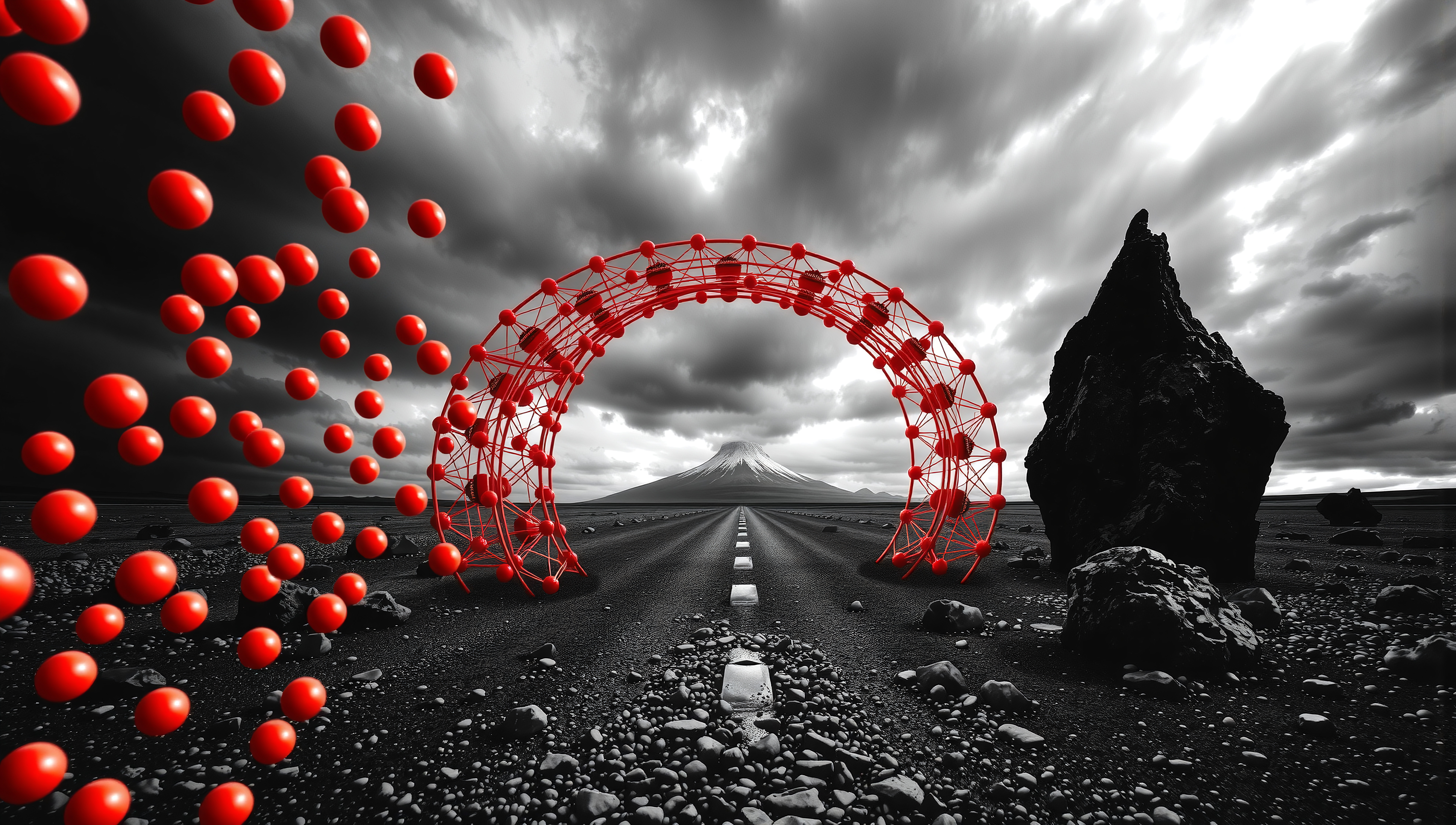 Surreal landscape with a road, mountain, and red spheres forming an arch under moody clouds.