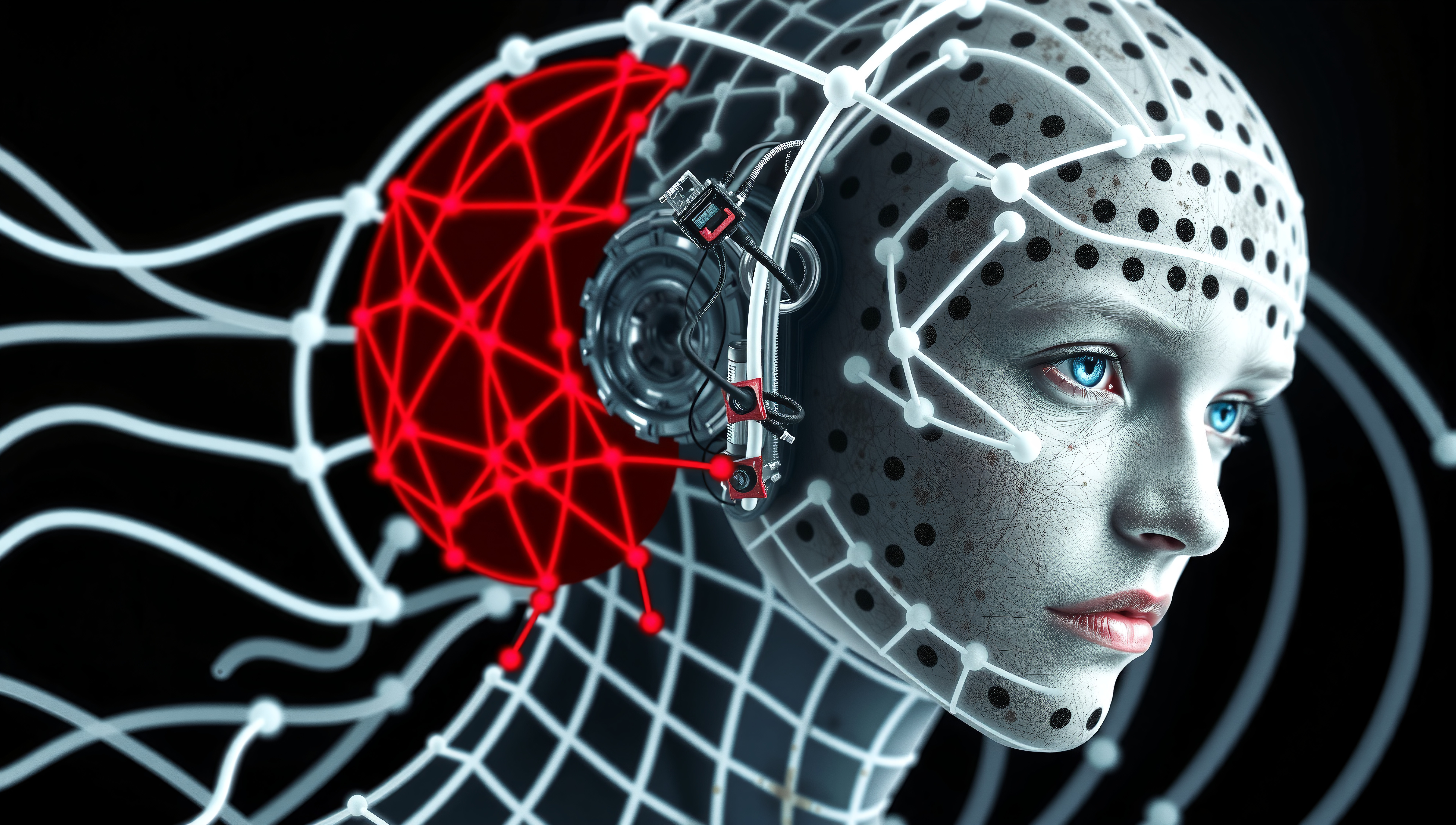 A high-tech humanoid with cybernetic features, showcasing an advanced integration of digital and organic elements, highlighted by a grid-like mesh and a prominent red electronic component.