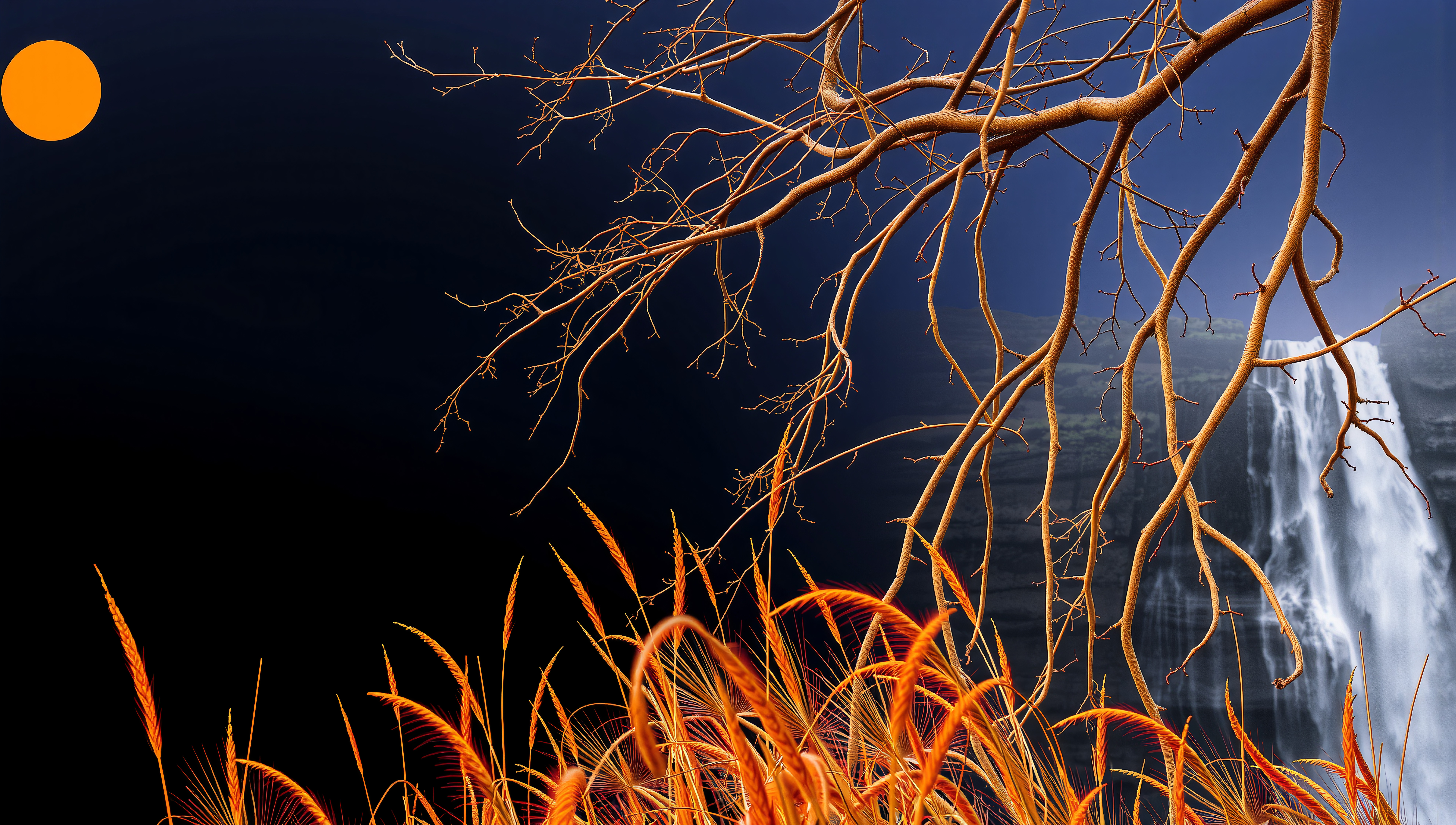 Surreal landscape with tree branches, waterfall, and vibrant-colored grass against a dark sky.