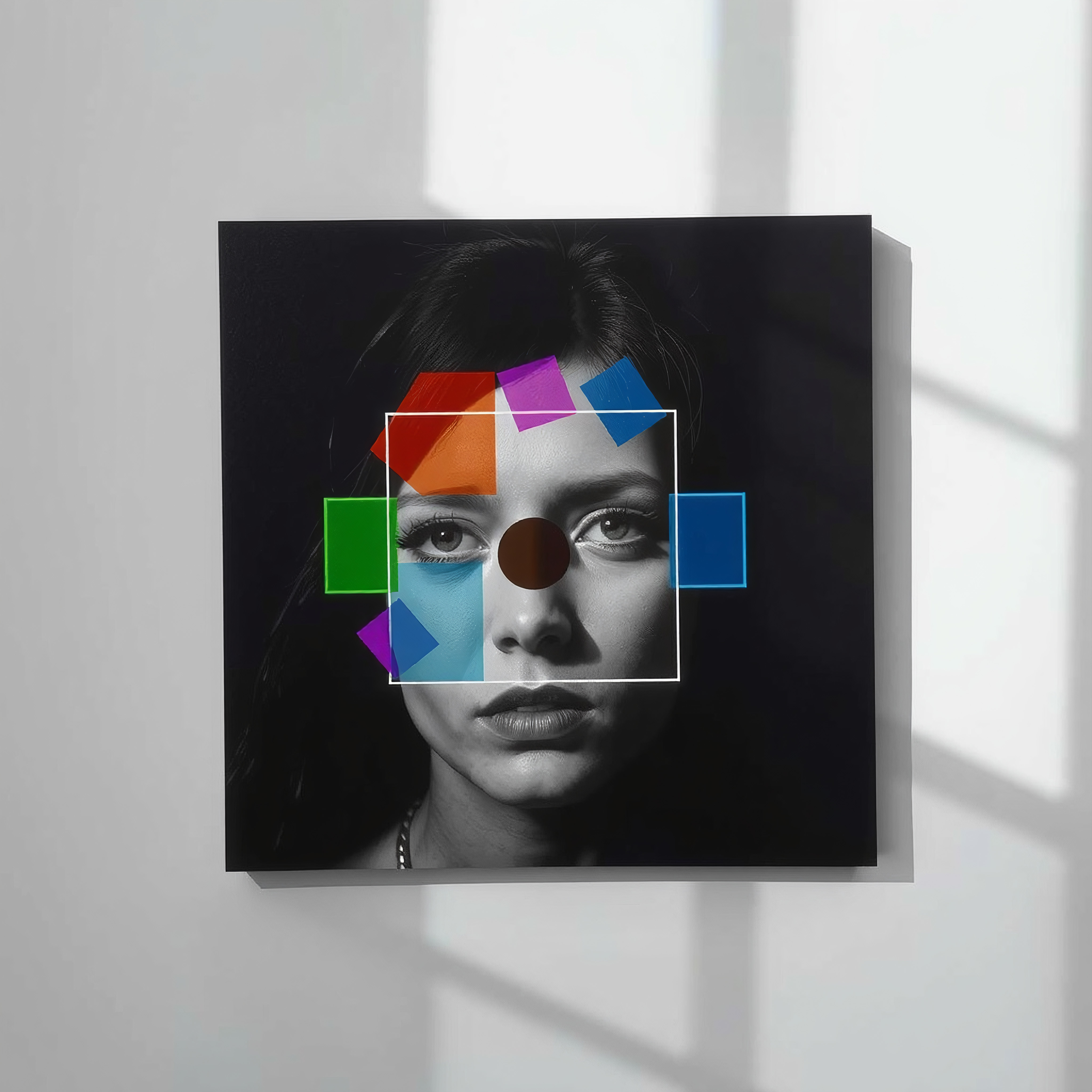 Monochrome portrait with colorful geometric shapes.
