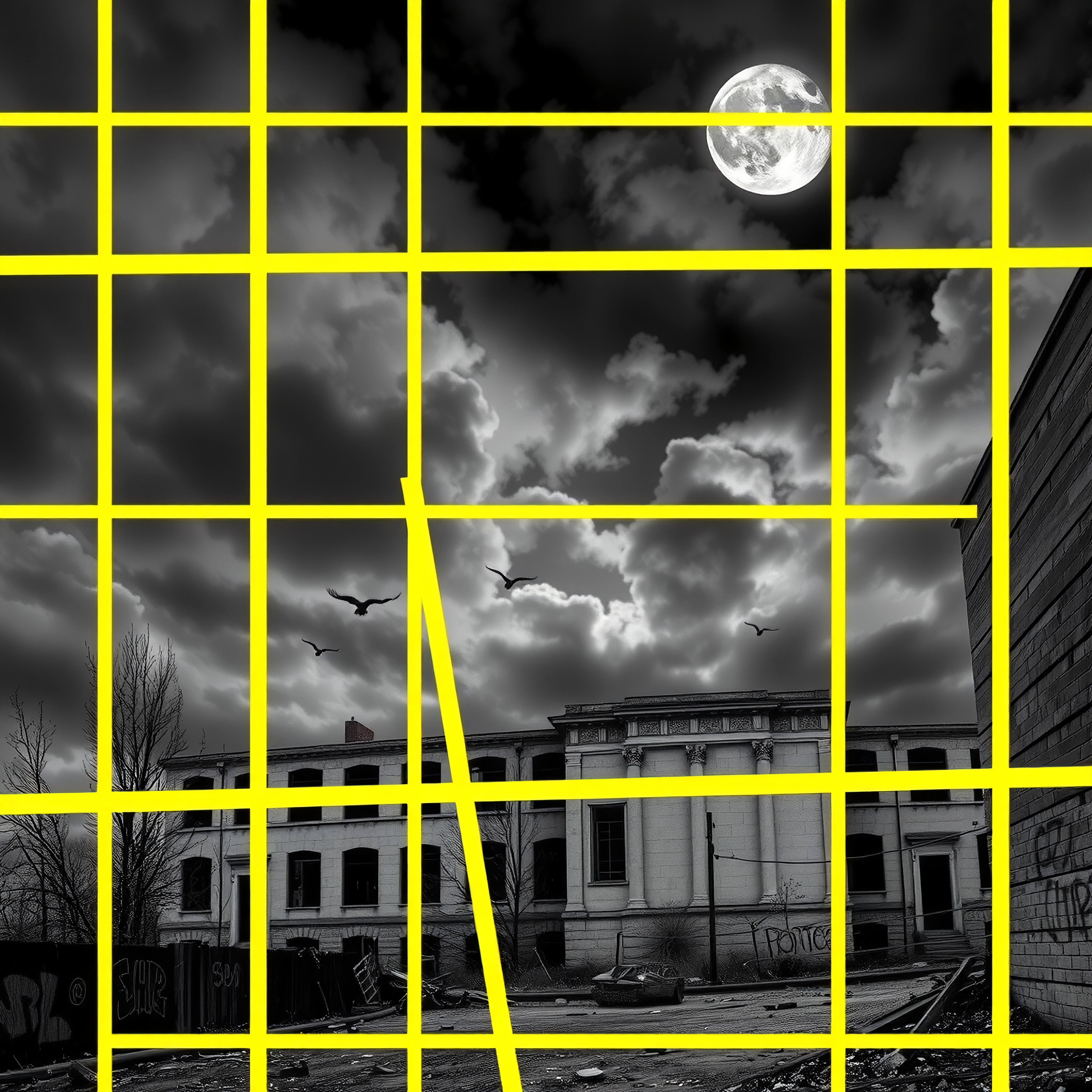 Abandoned building under moonlit sky with artistic yellow grid overlay and flying birds.