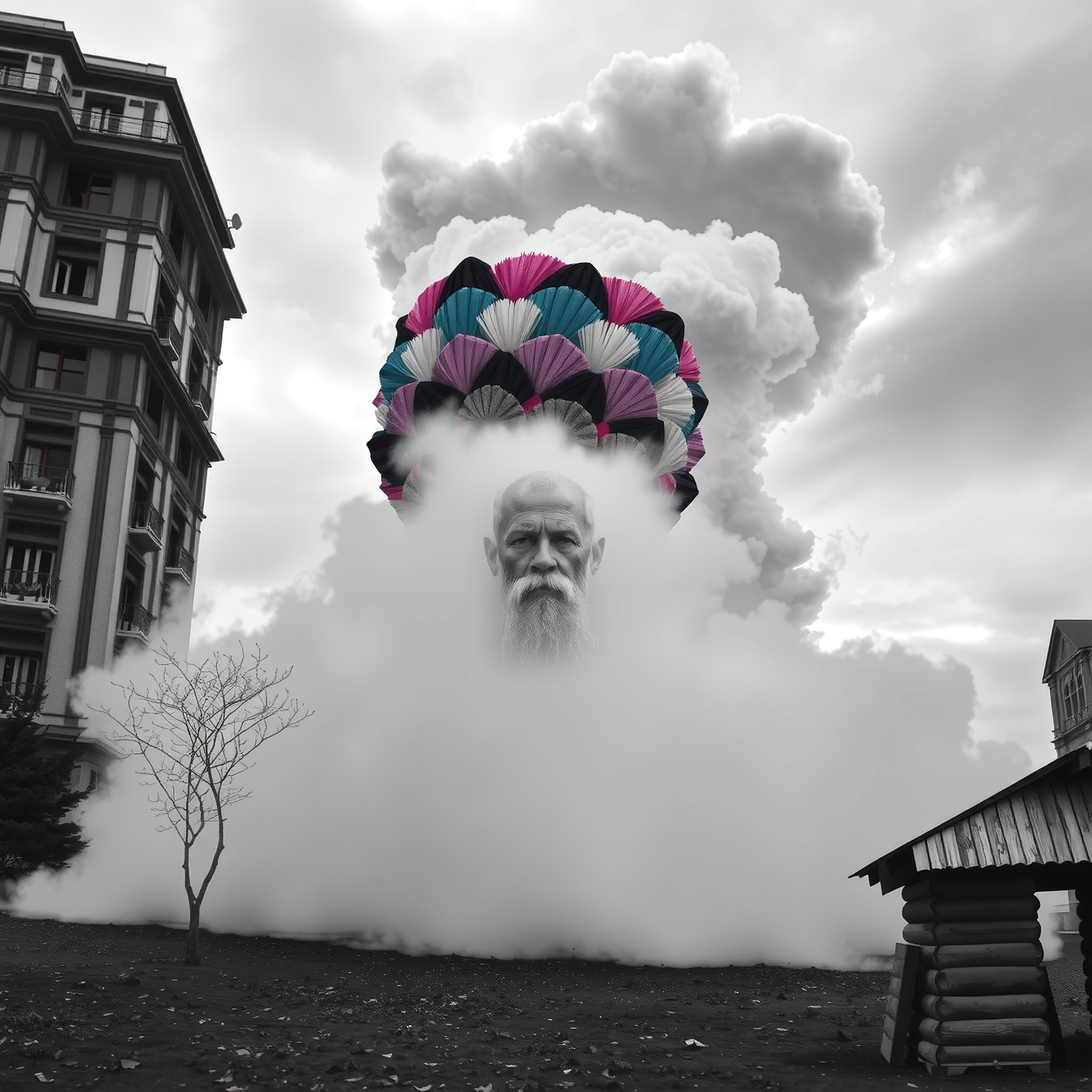 A bearded man's head emerges from clouds, with colorful umbrellas above in a surreal urban scene.
