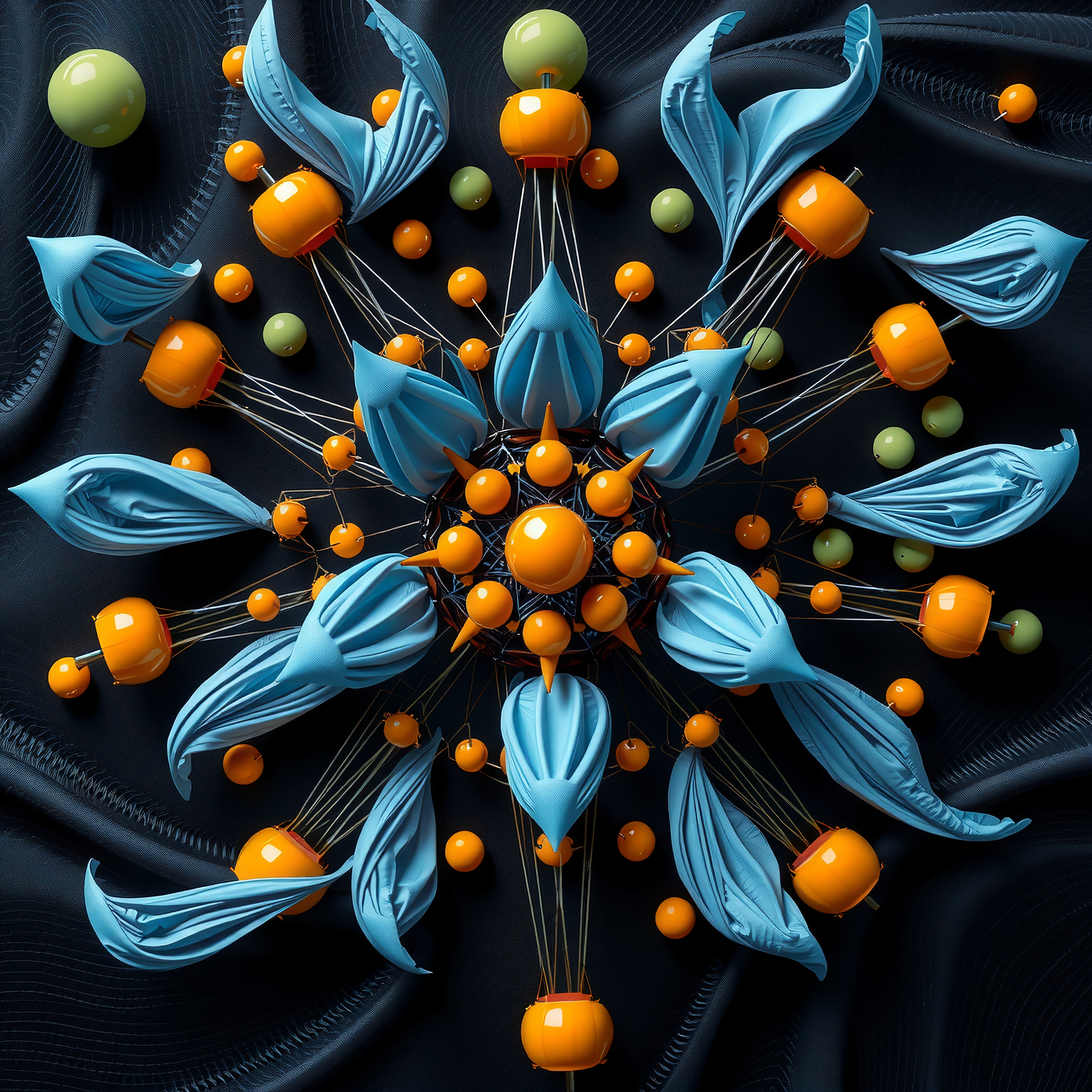 Abstract floral design with vibrant blue petals, orange spheres, and fabric background.
