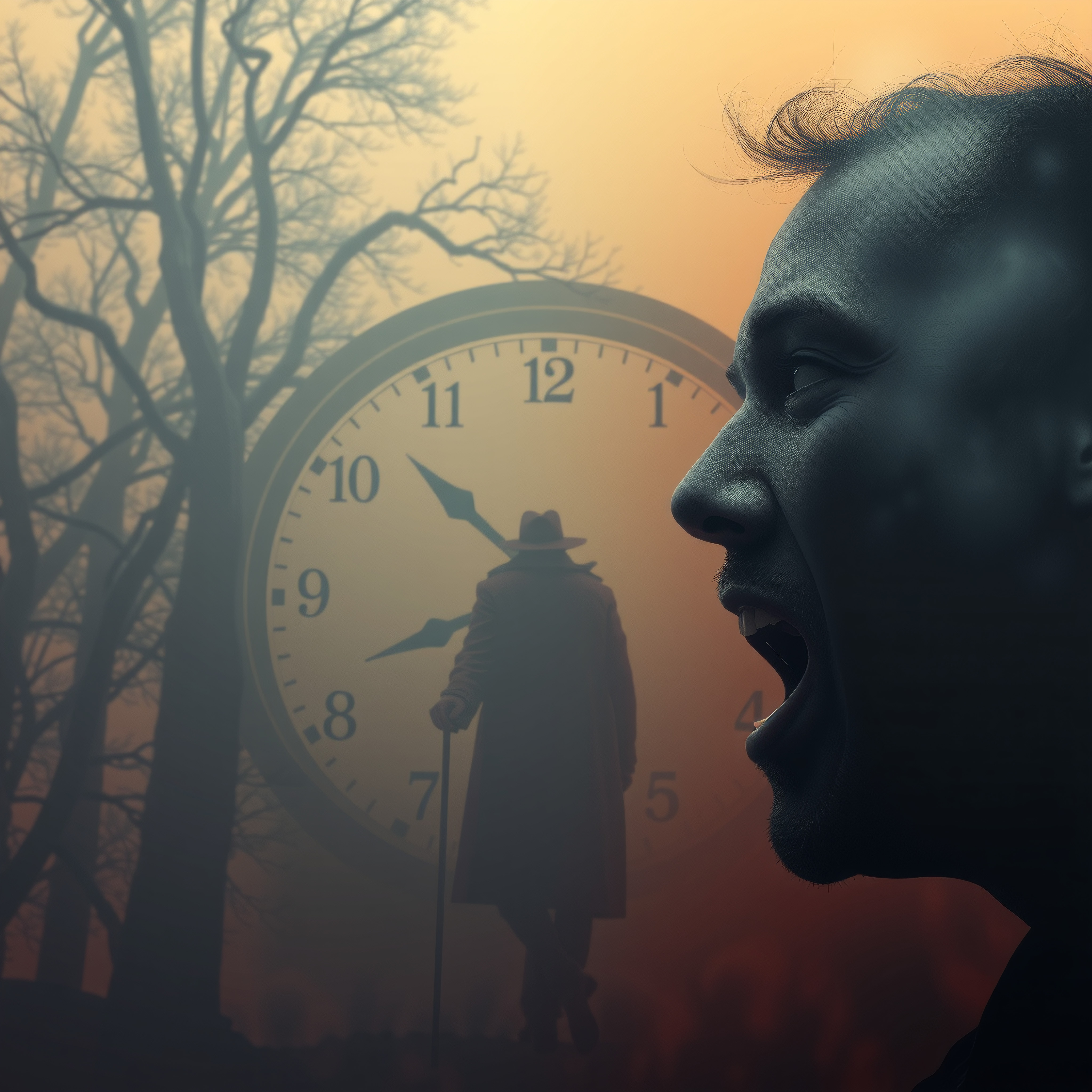 Artistic image of a man shouting at a large clock with a shadowy figure in a winter landscape.