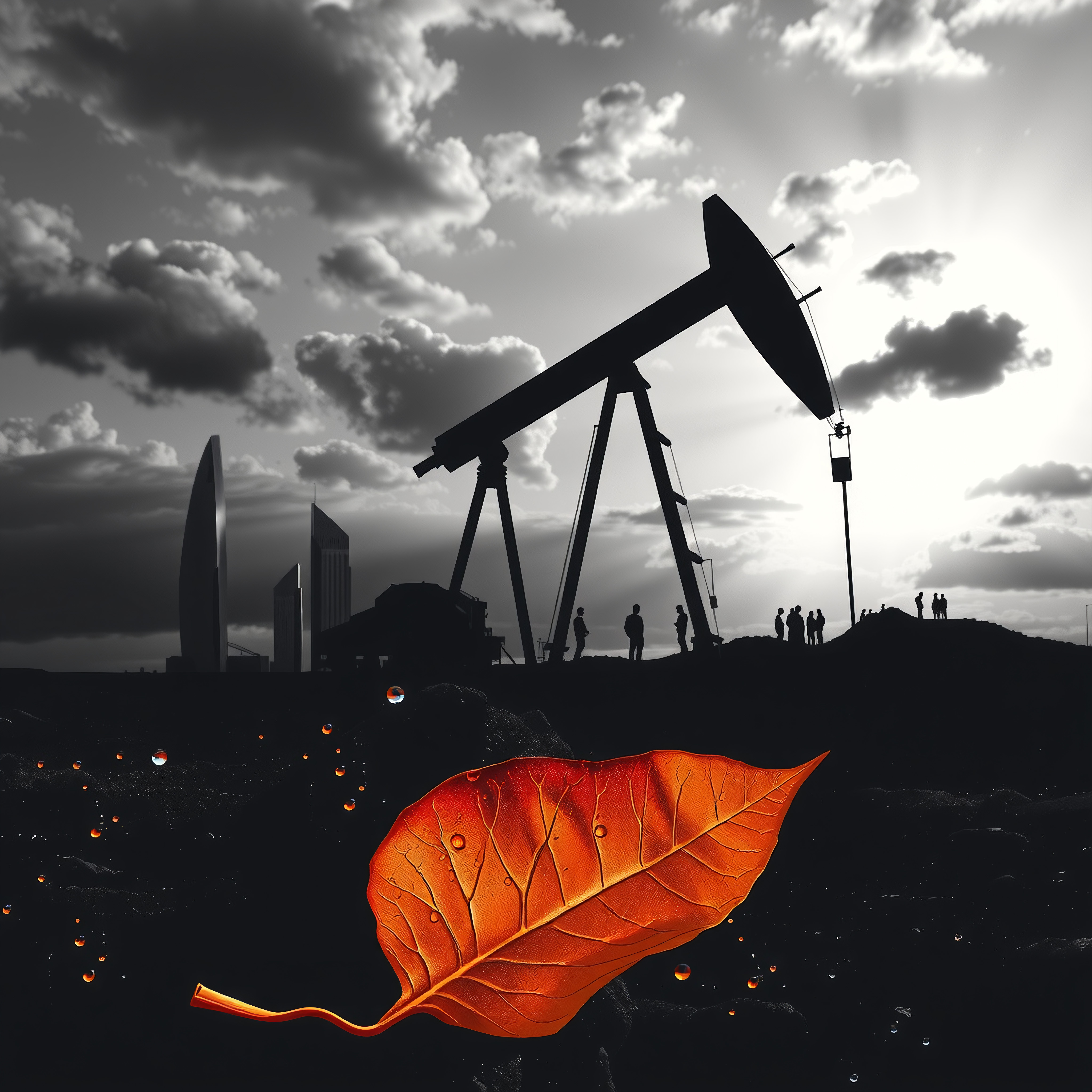 Vibrant orange leaf contrasts with industrial silhouette background.