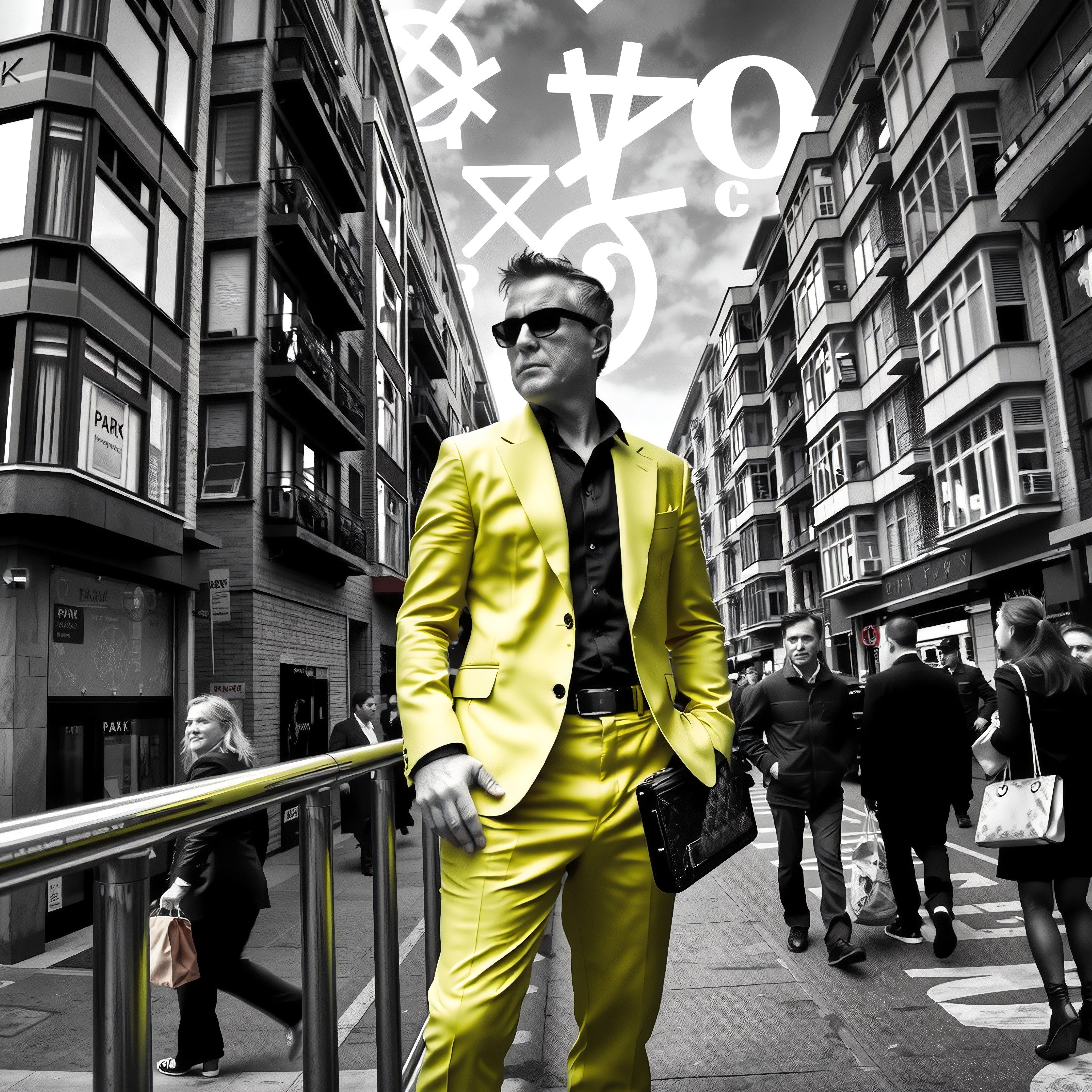 A man in a vibrant yellow suit stands confidently amidst a city street with monochrome backdrop symbols, blending fashion and urban life.
