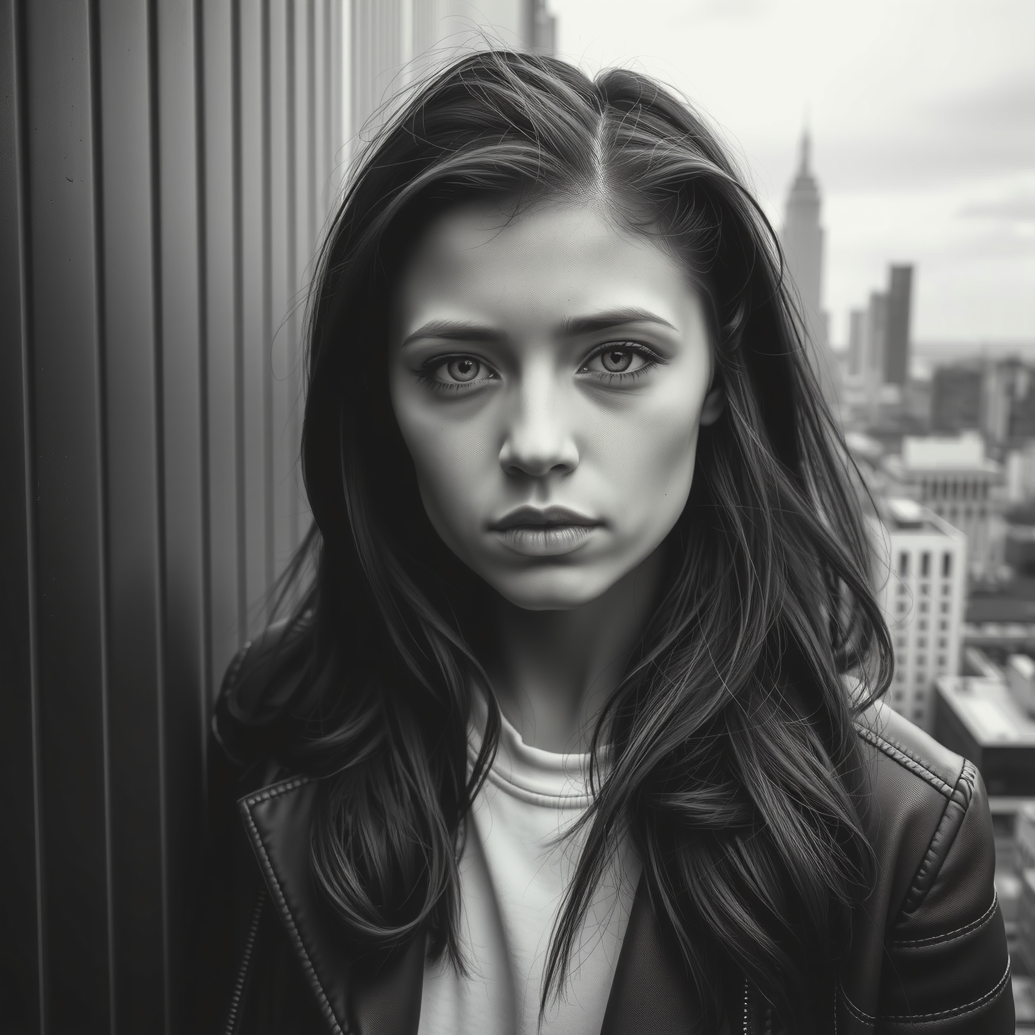 Black and white portrait of a young woman in a cityscape, featuring striking eyes and a leather jacket.
