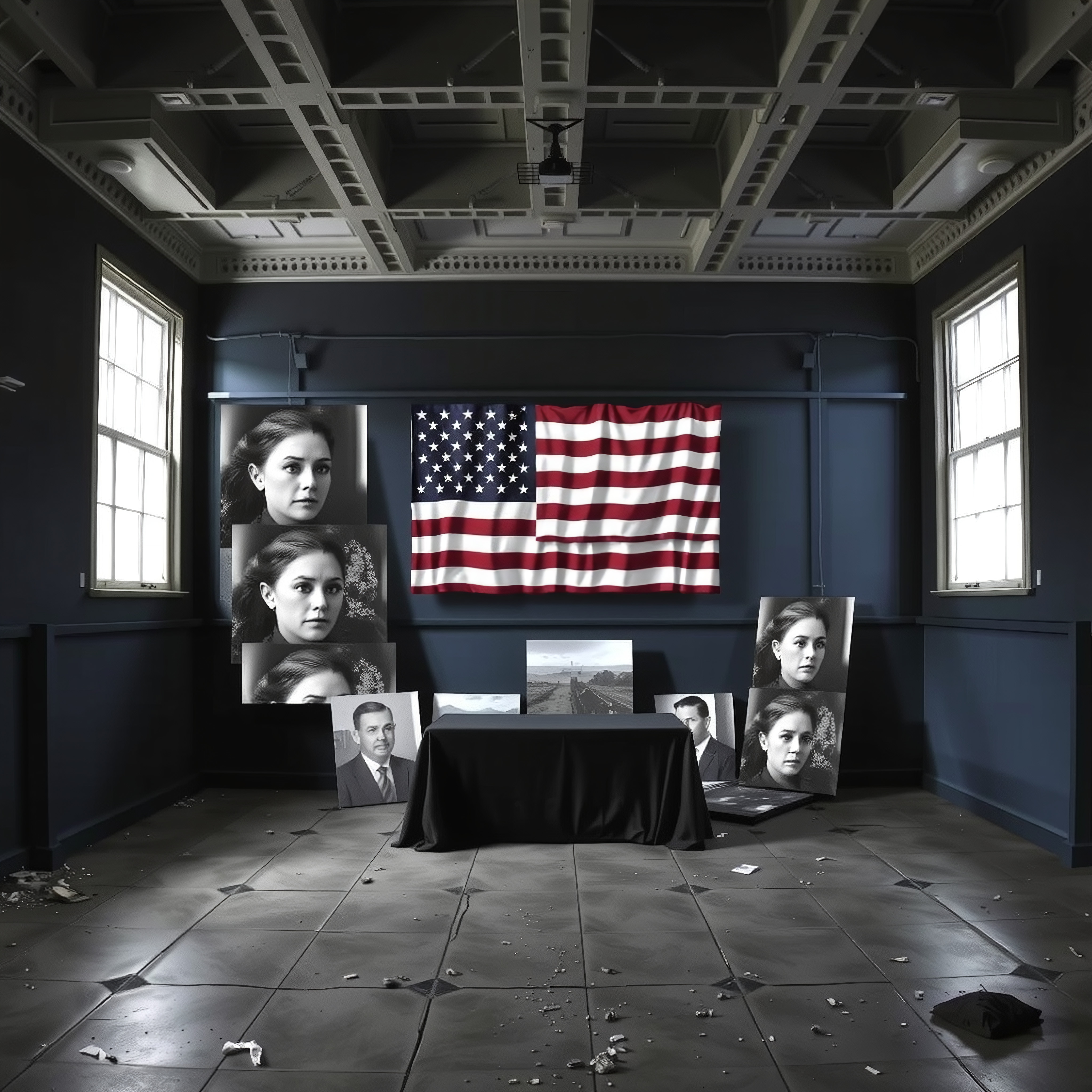 A dimly lit room with American flag and portraits on the wall, creating a reflective and solemn atmosphere.