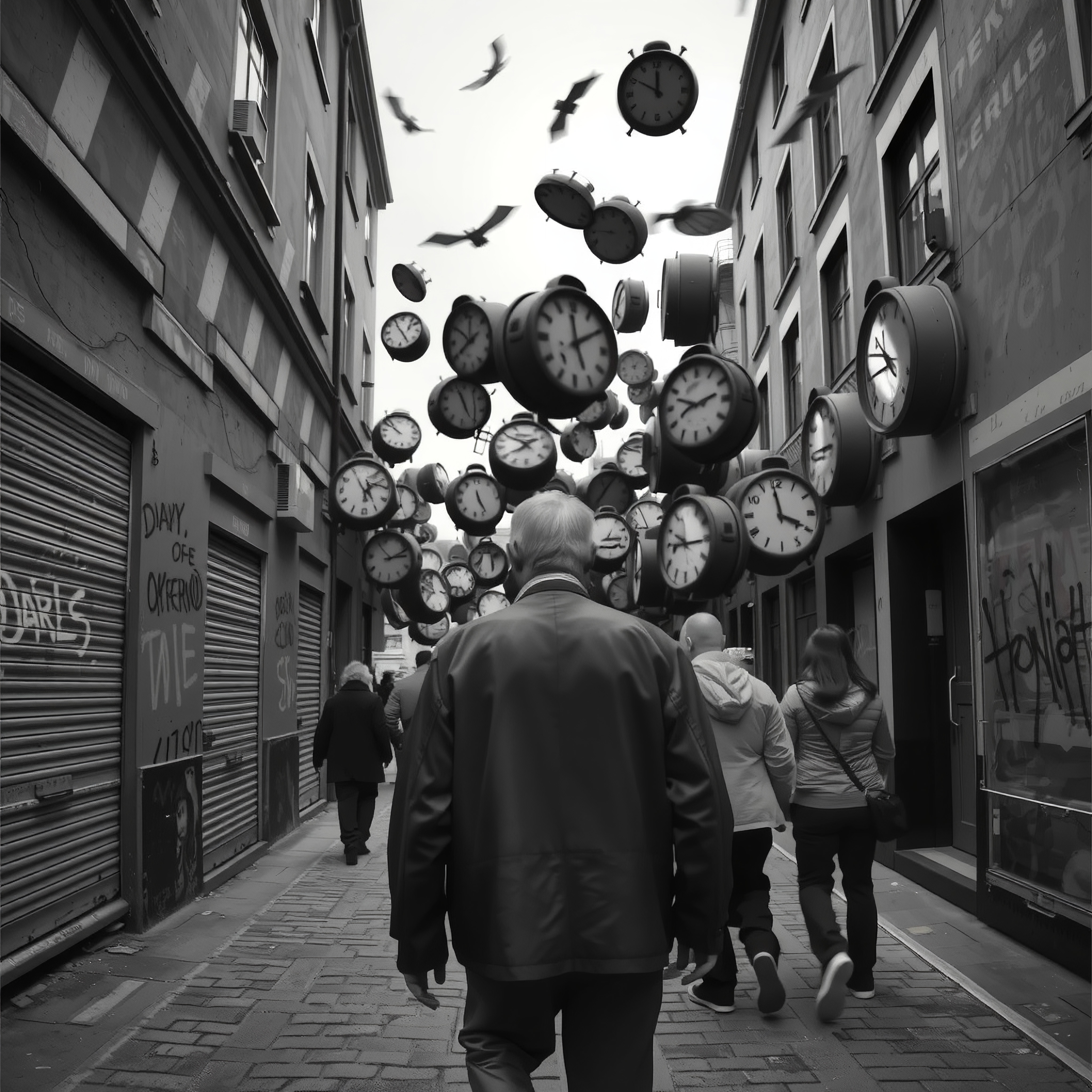 A surreal street scene with floating clocks above pedestrians in an urban alleyway.