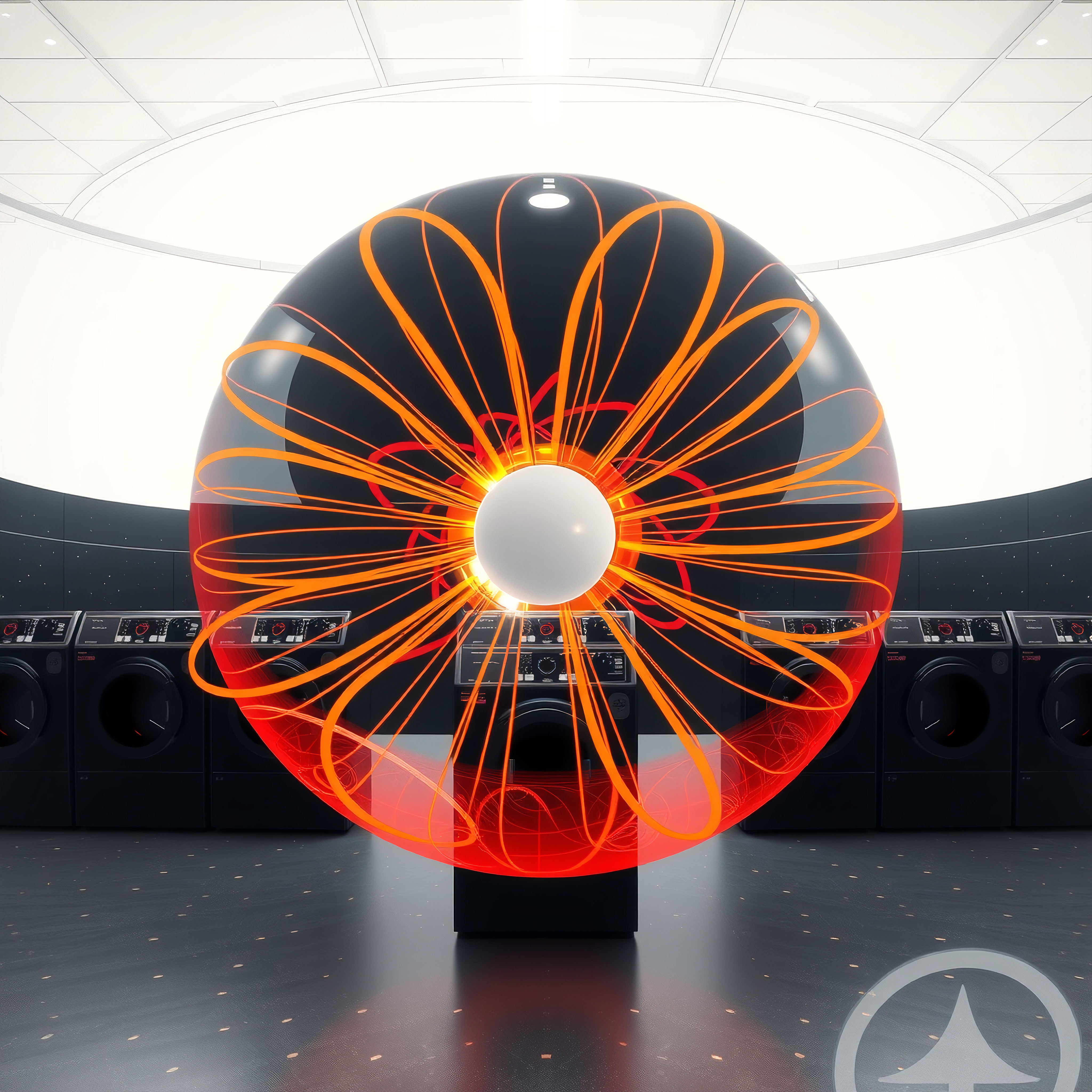 Futuristic sculpture and washing machines in modern room.