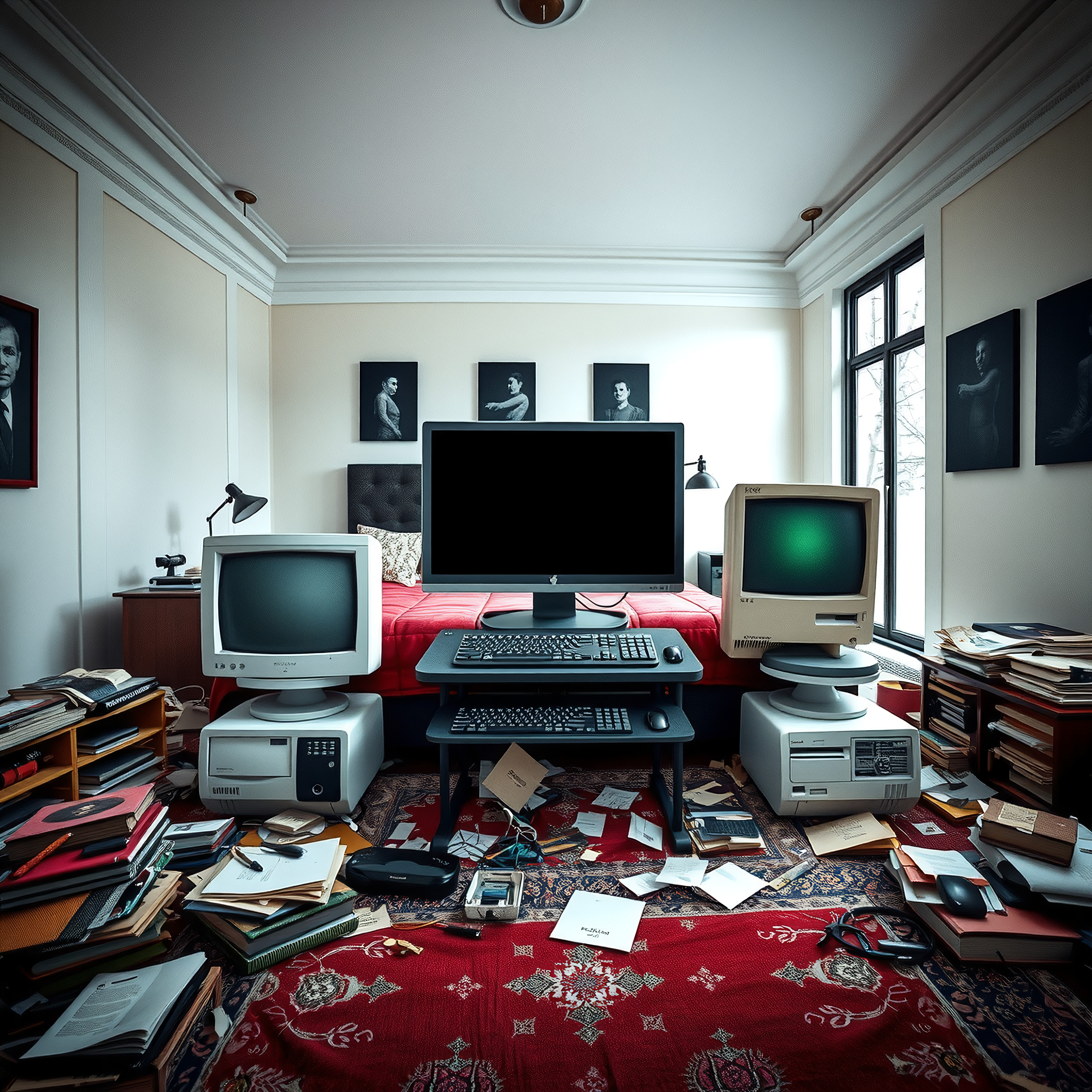 A room with a mix of vintage and modern technology, including a Macintosh computer, CRT monitor, and a contemporary computer amid scattered books and papers.