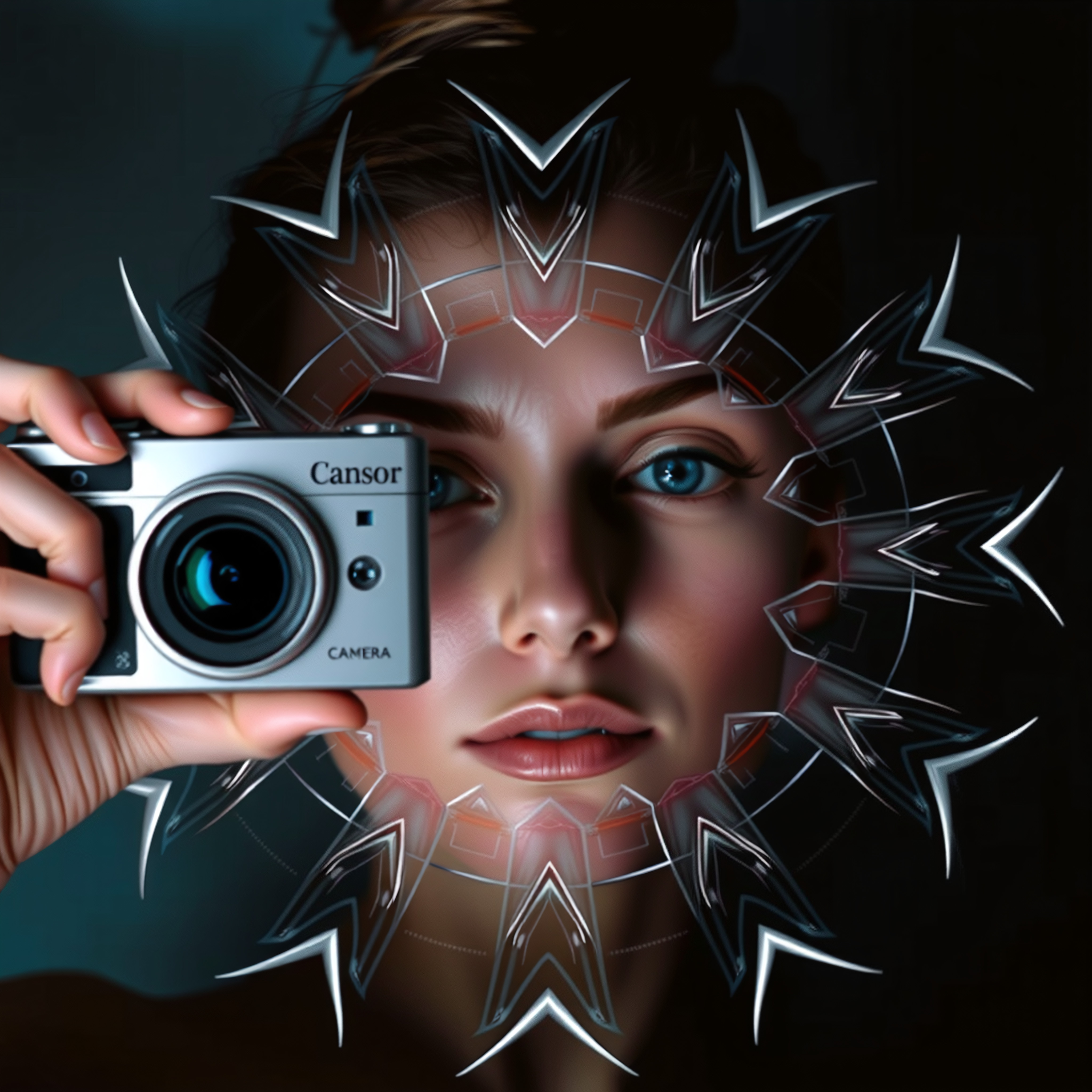 A woman with a futuristic camera surrounded by abstract geometric patterns.