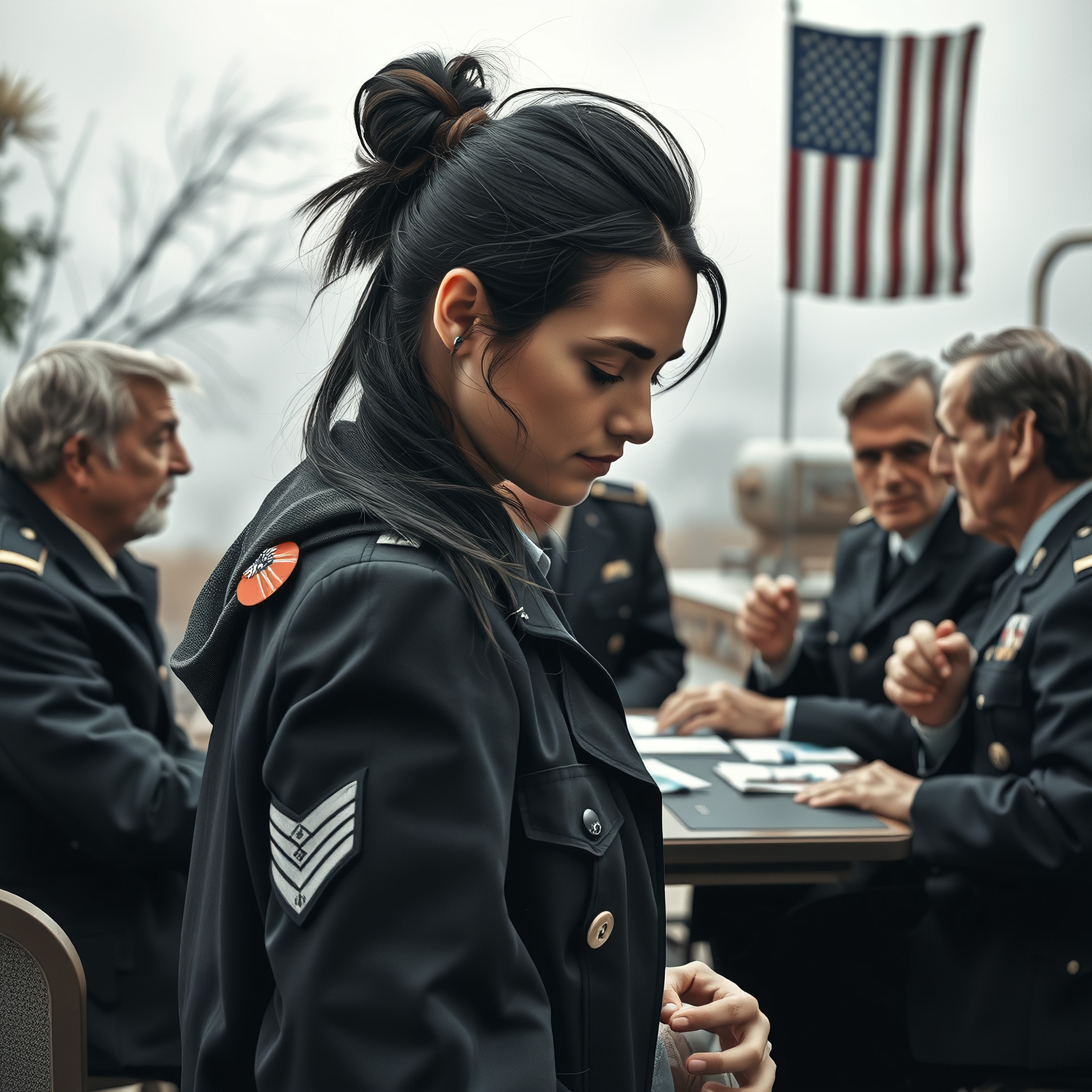 A woman in military uniform standing outside, with men discussing strategy in the background and an American flag visible.