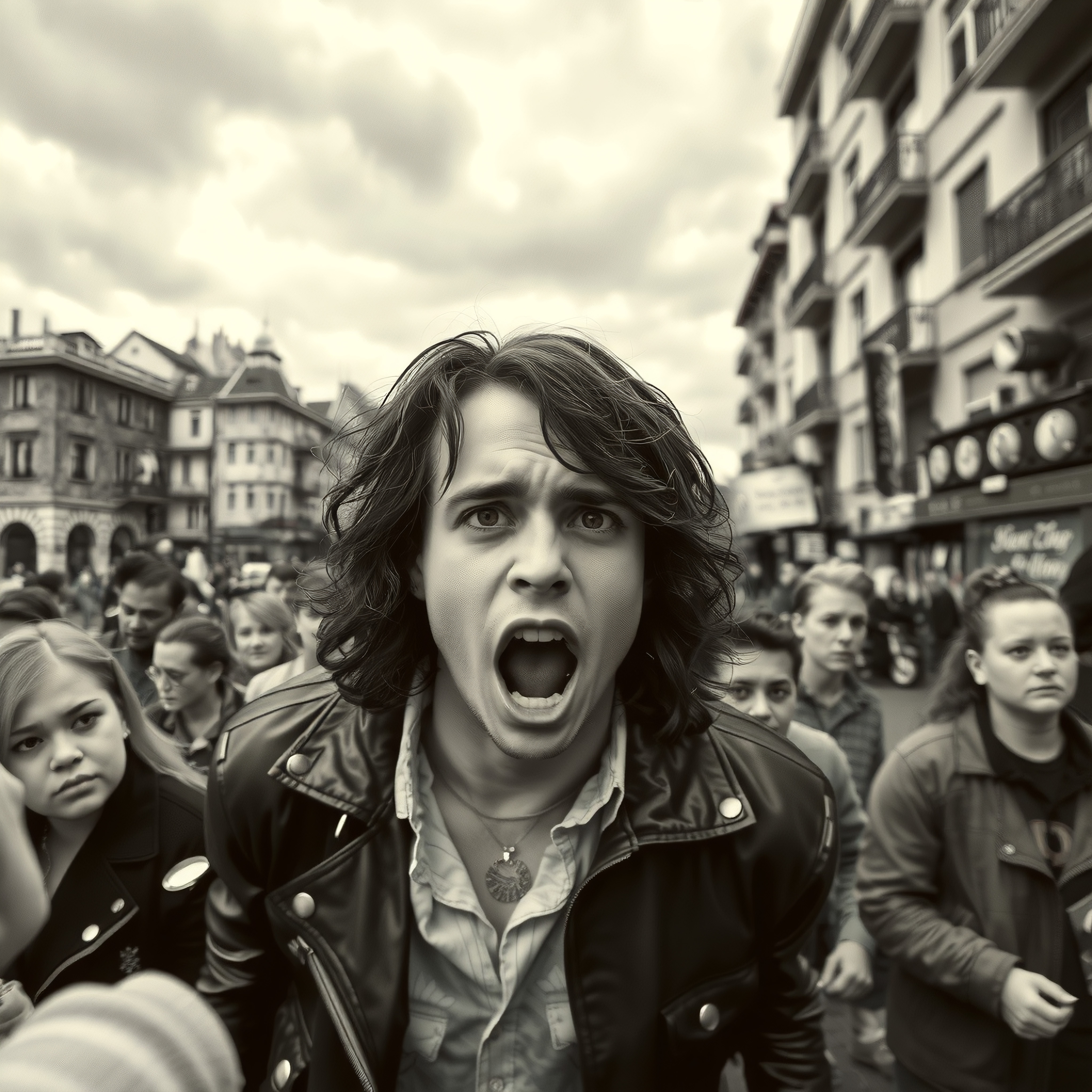 Young man shouting in urban crowd scene.