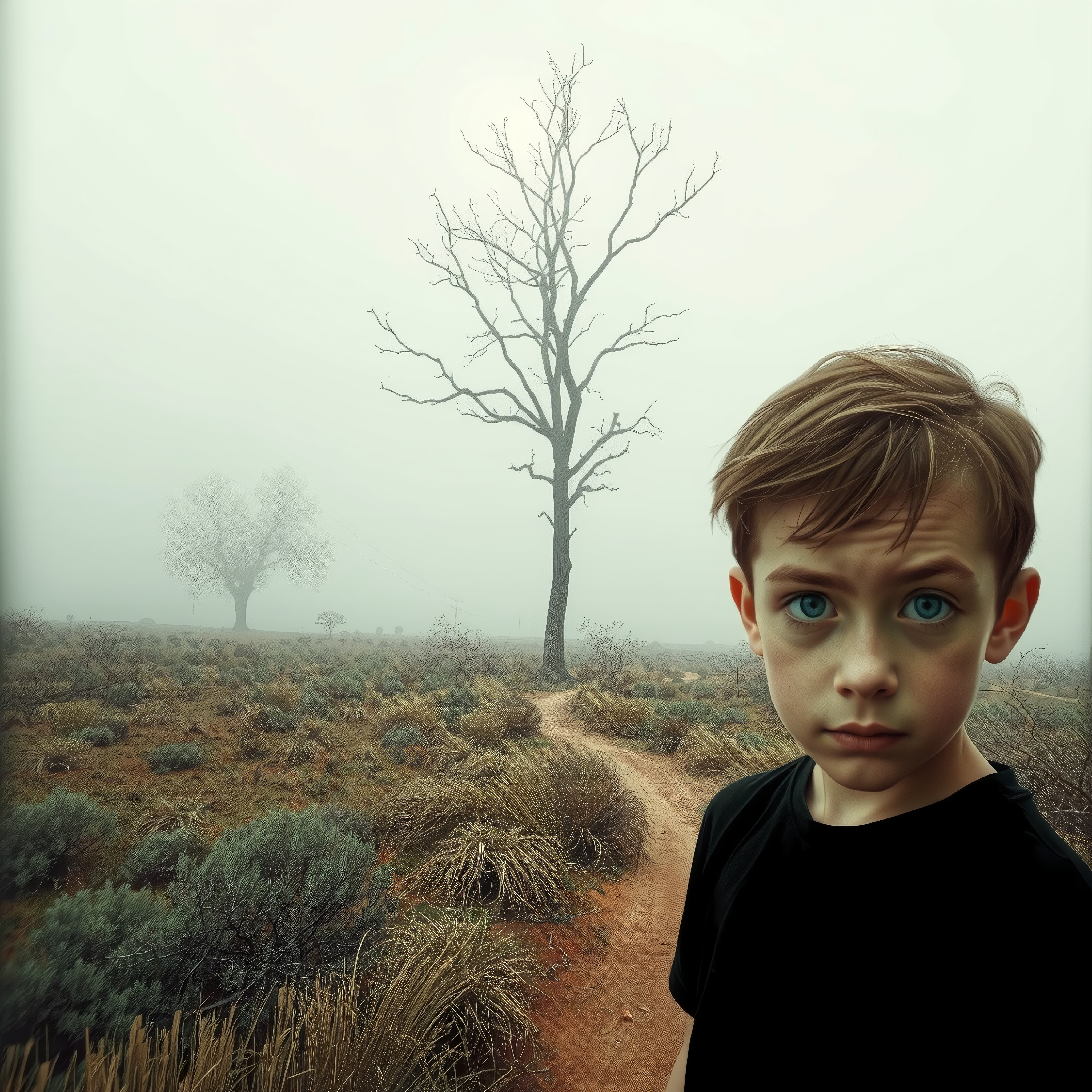 Young boy with blue eyes standing on a misty desert path.
