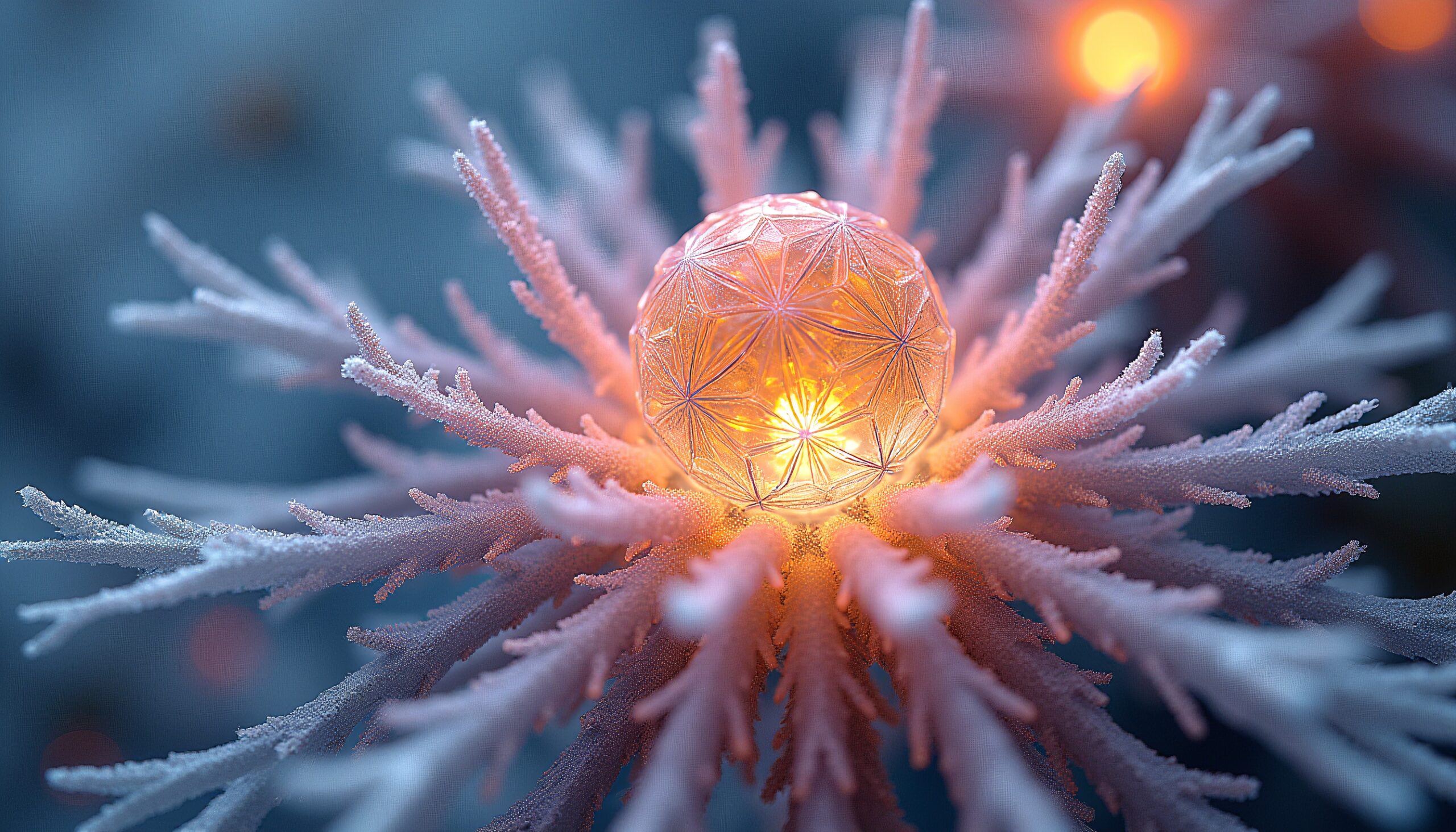A glowing geometric sphere surrounded by frosty branches against a cool blue background.