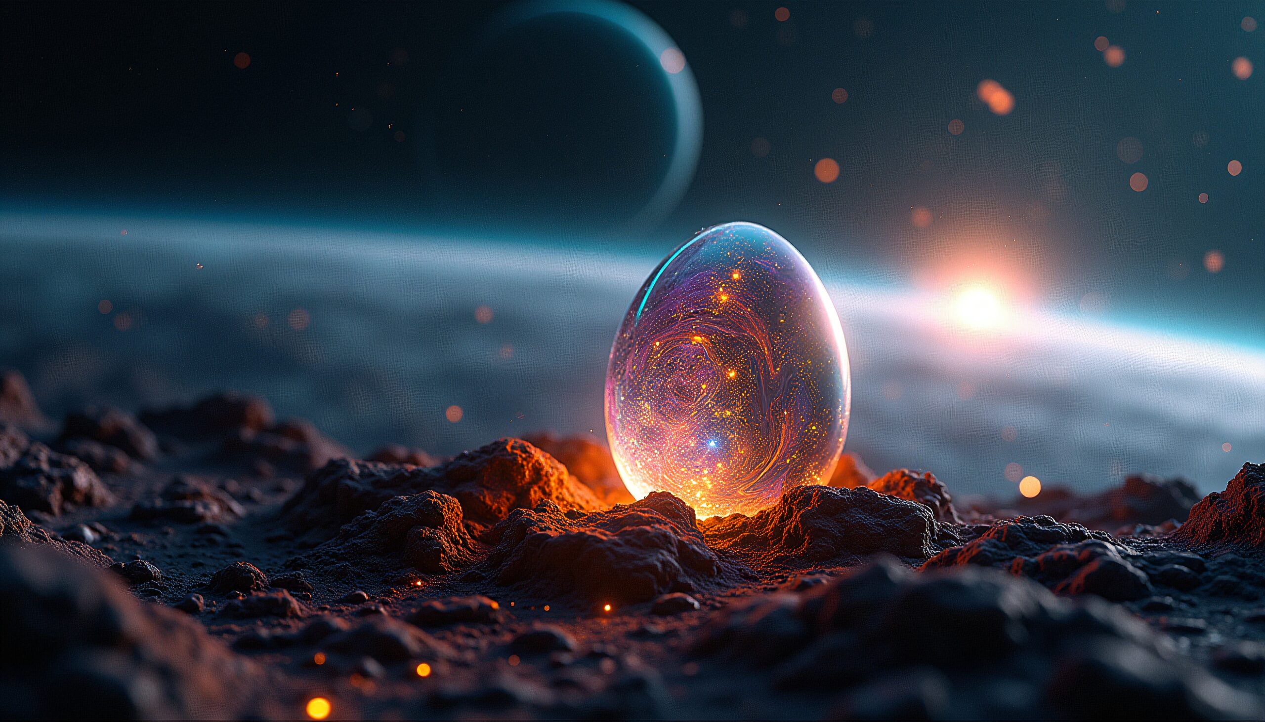 A glowing cosmic orb on alien terrain, showcasing swirling galaxies and illuminating a rocky extraterrestrial landscape under a distant starry sky.