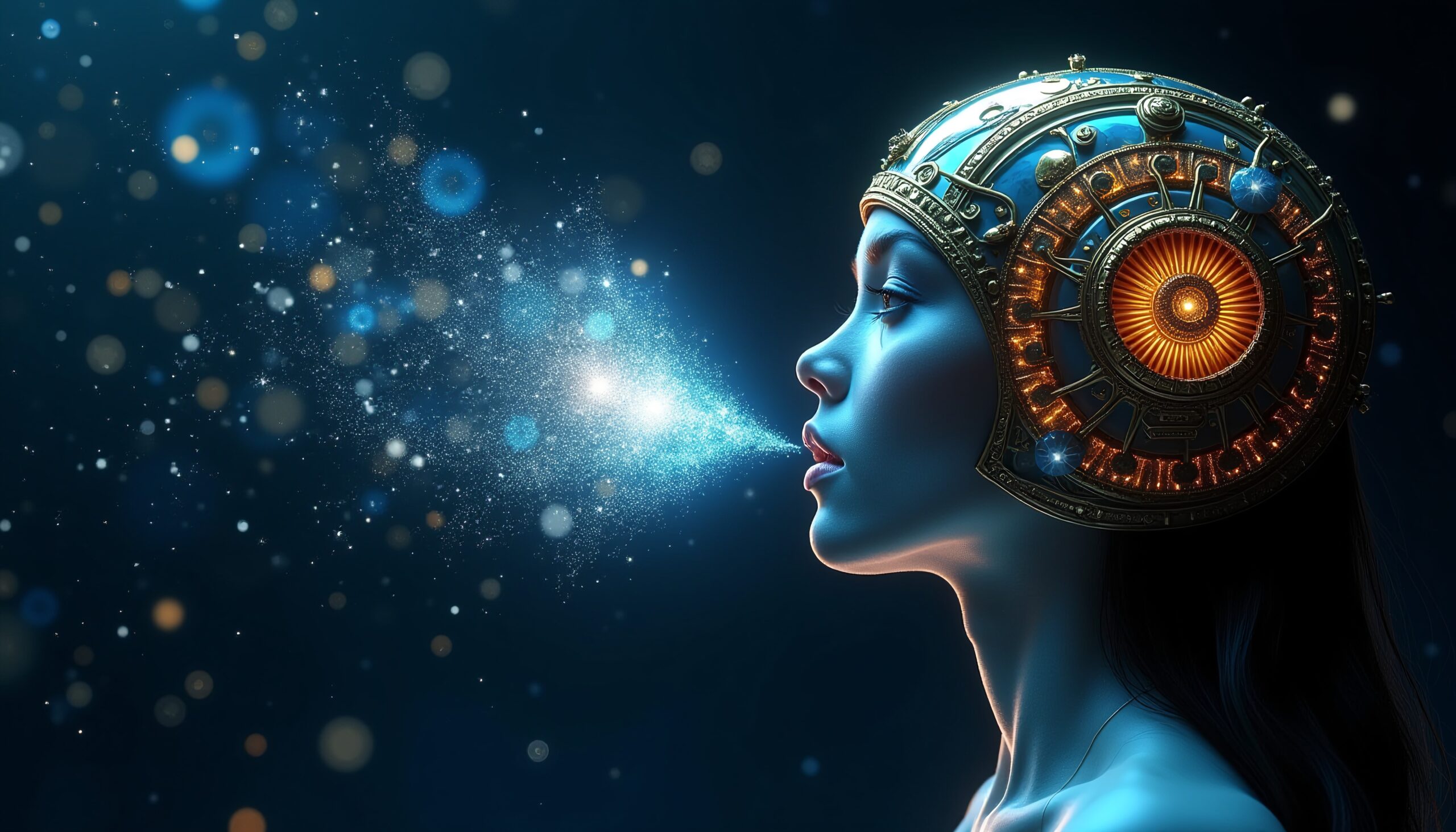 A futuristic woman with a mechanical helmet exhales sparkling particles in a dark, starry setting.