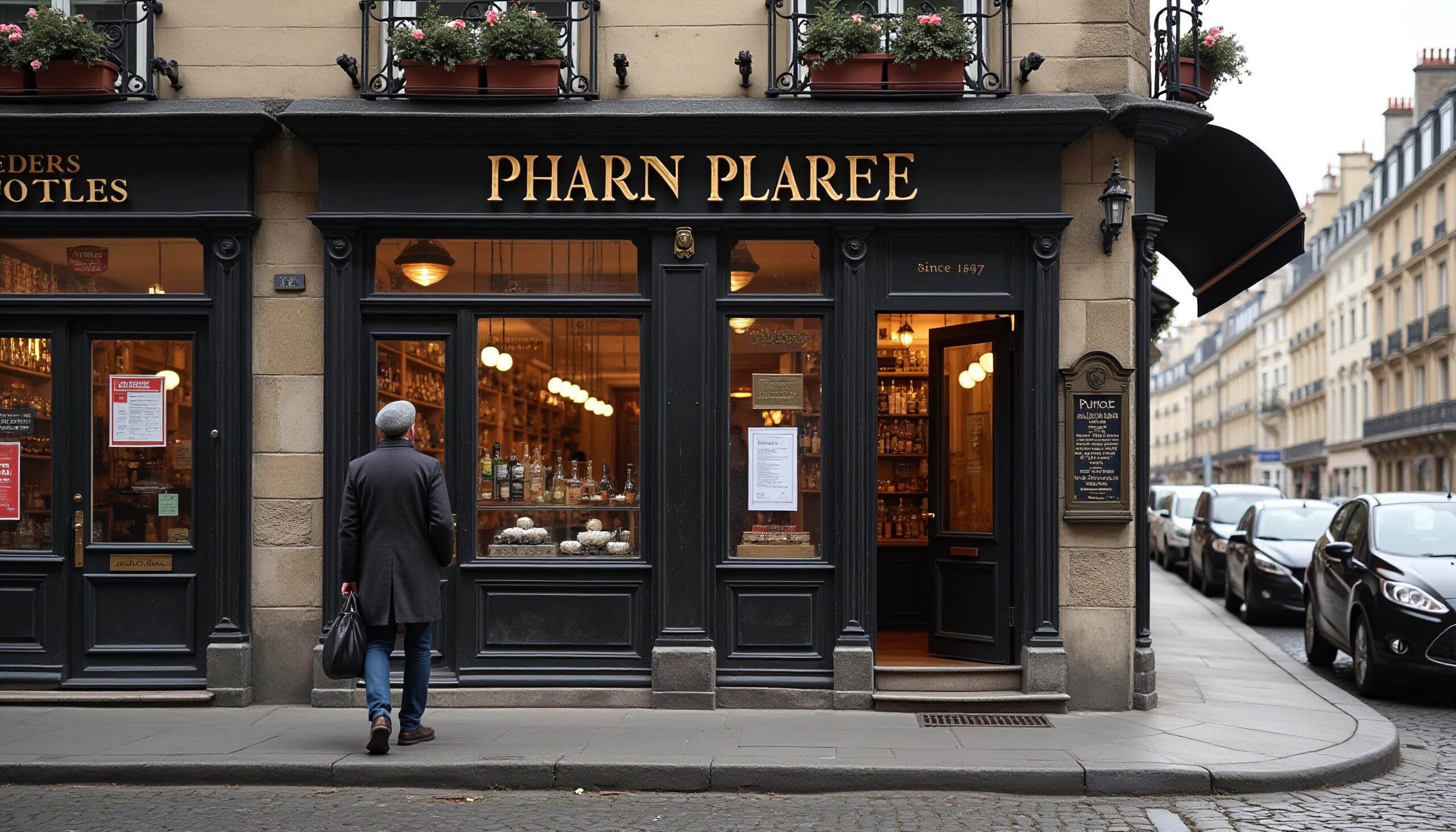 Charming Parisian shopfront with black wooden panels and gold lettering, featuring a man walking on a cobblestone street.
