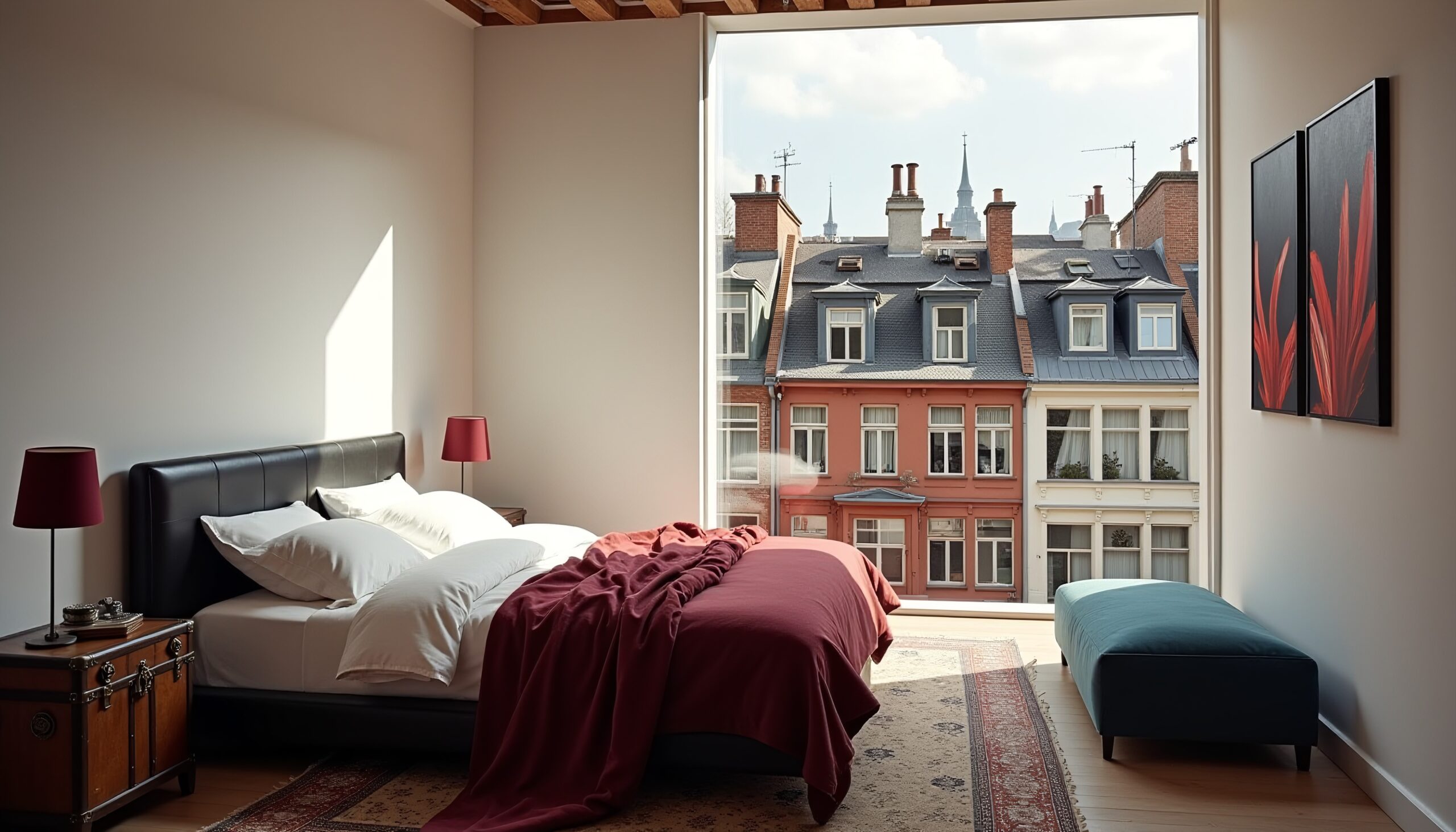 Modern bedroom with large window overlooking European cityscape.