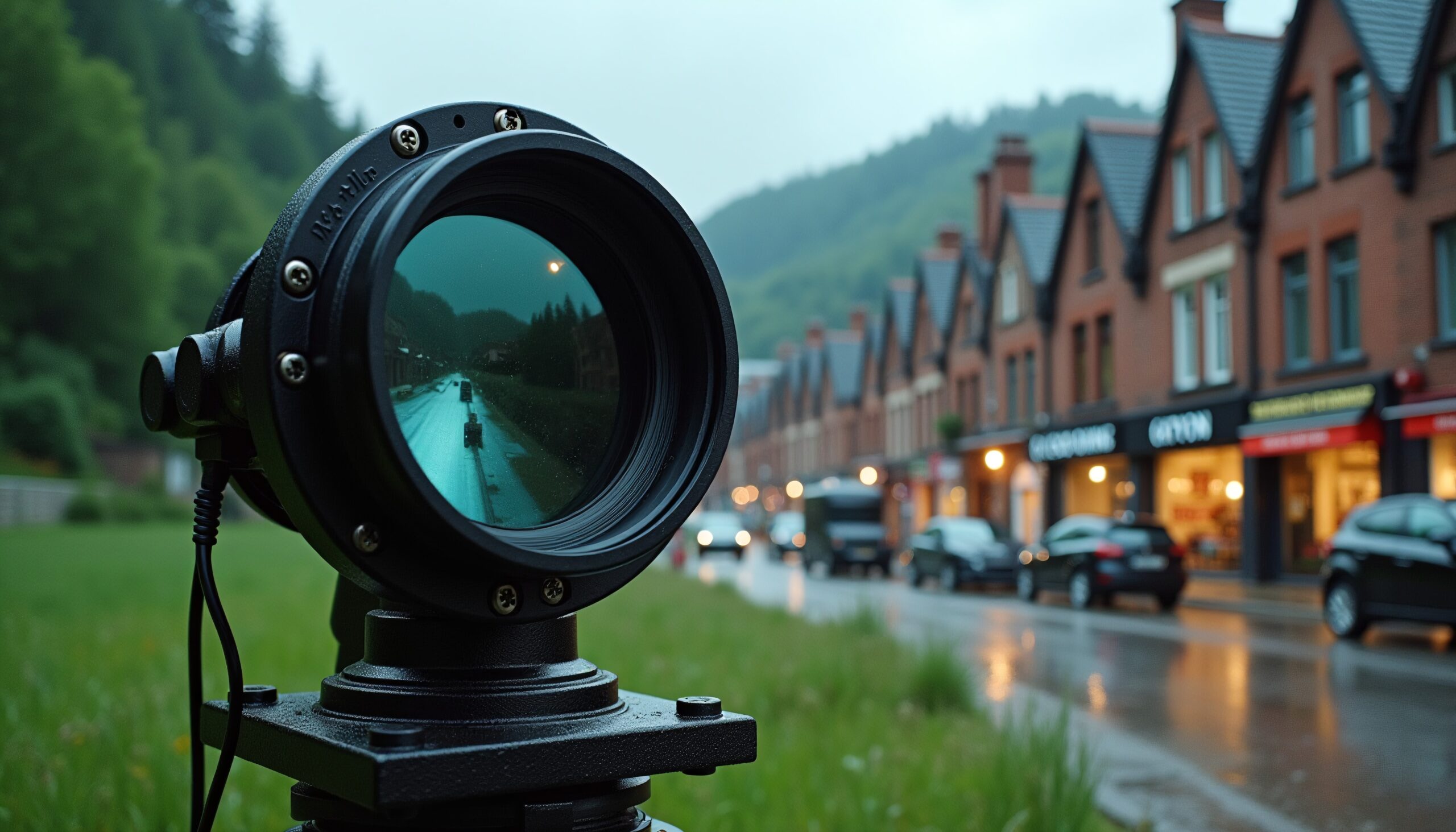 A telescope focuses on a rainy street in a quaint town, capturing wet reflections and scenic hills.