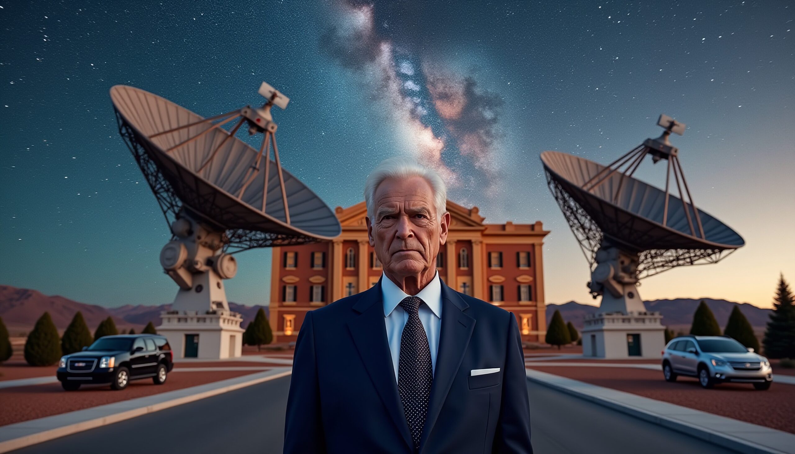 An elderly man stands before satellites and building under the starry Milky Way.