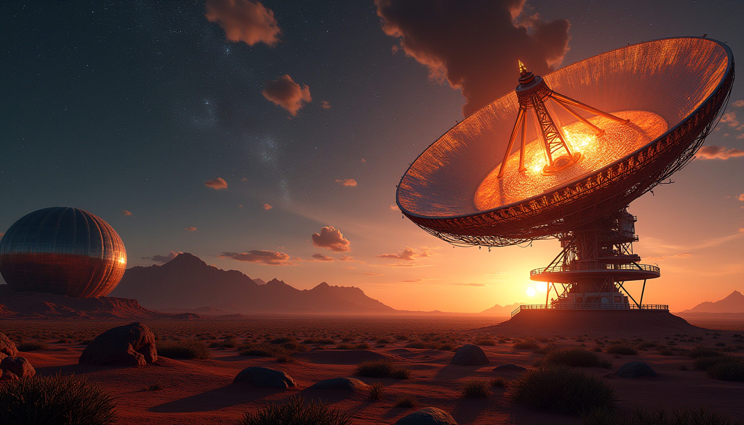 A futuristic satellite dish illuminated by a vibrant sunset in a desert landscape.