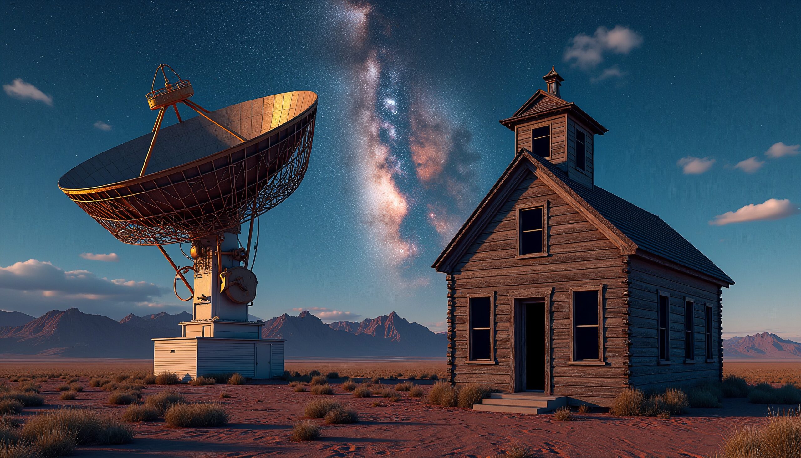 A satellite dish and rustic house under the Milky Way in a desert landscape.