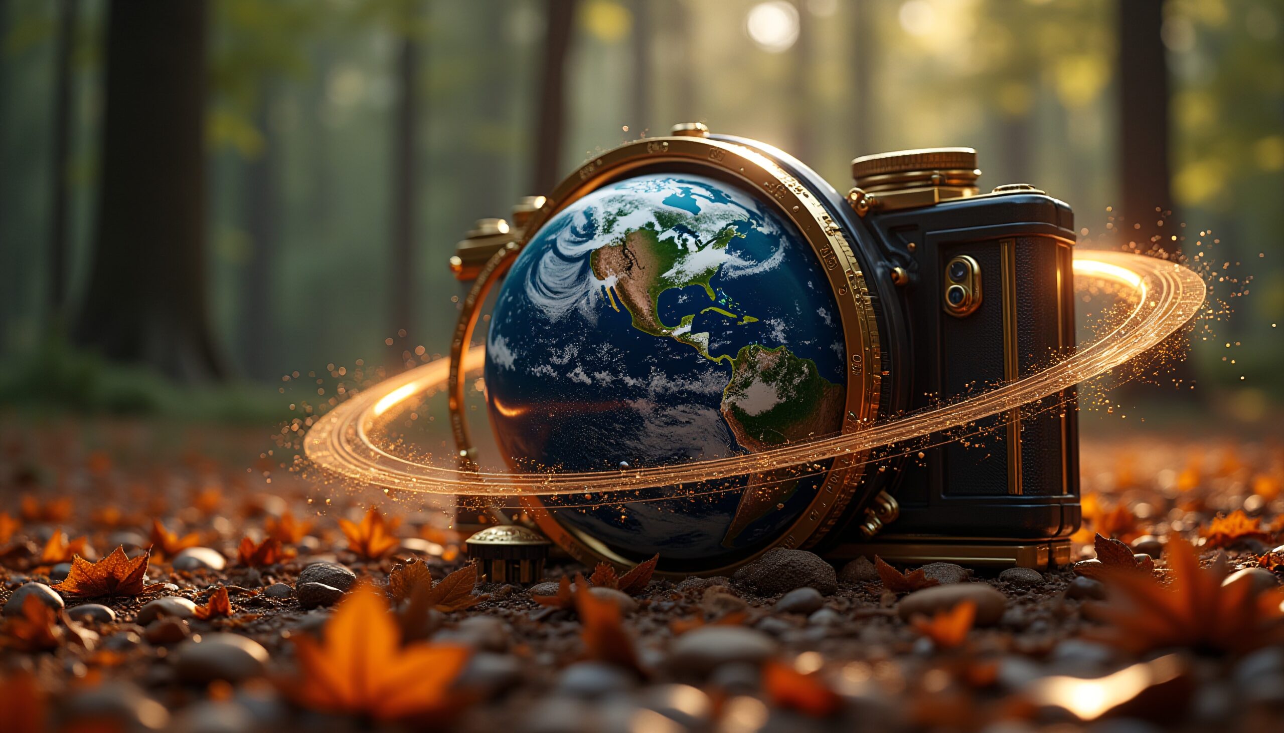 A globe as camera lens depicting exploration in autumn.