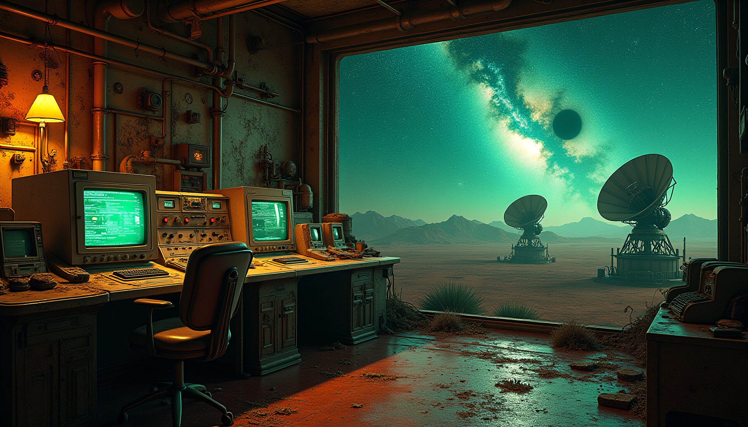 A vintage control room overlooks a starry landscape with satellite dishes under a glowing celestial sky.