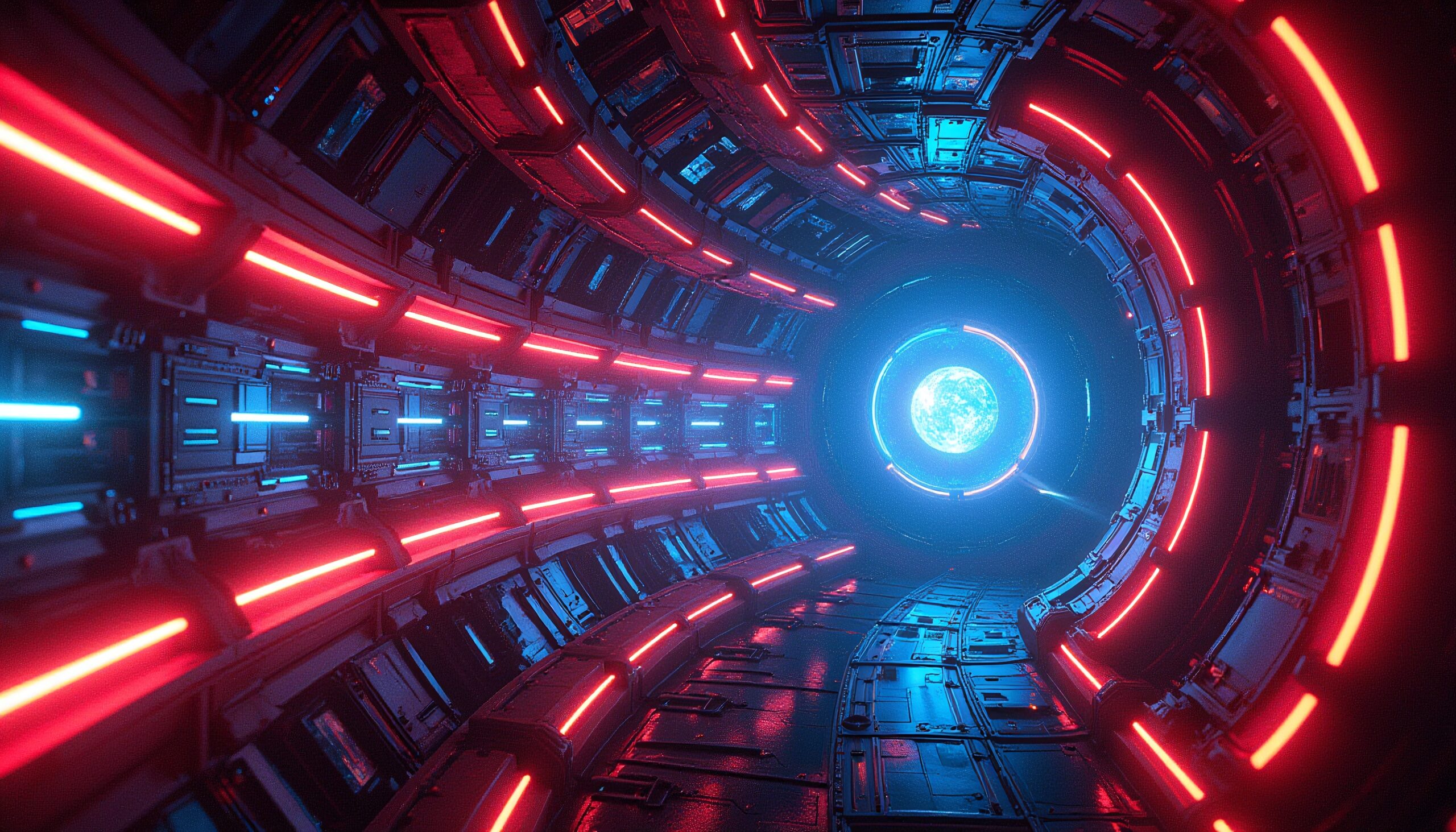 A futuristic neon-lit tunnel leading to a glowing blue orb, creating a captivating sci-fi atmosphere.