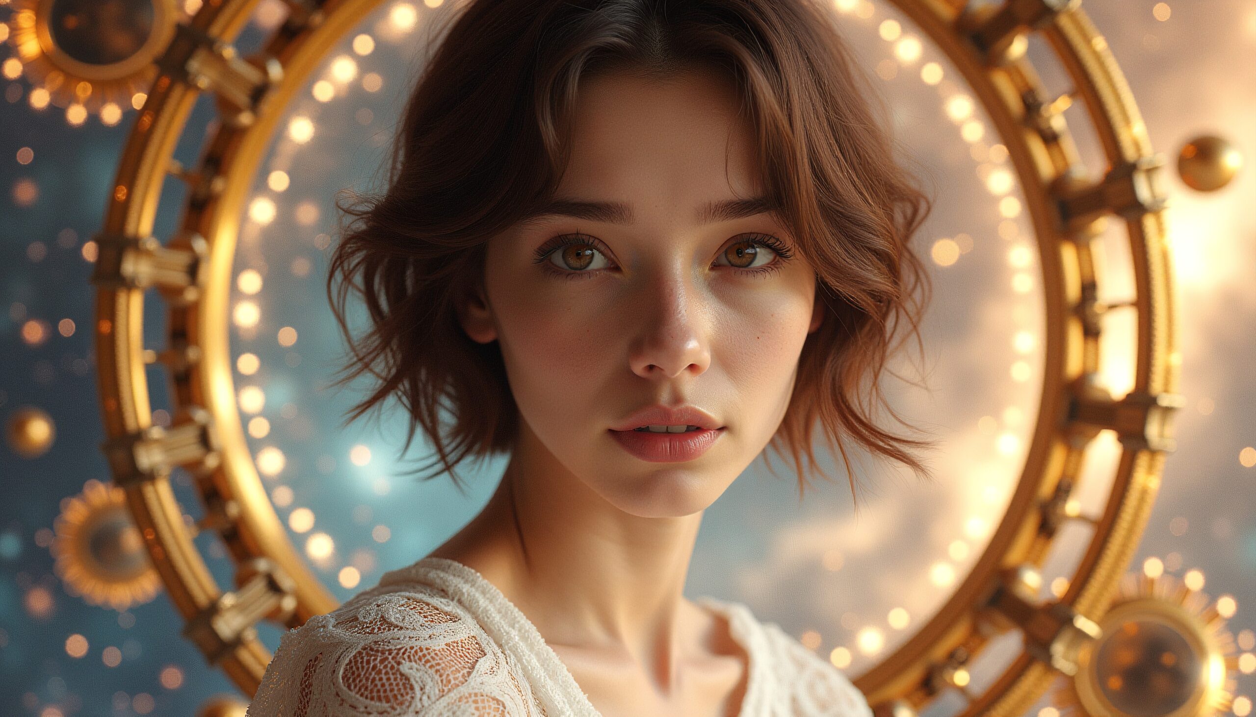 A serene portrait of a young woman with wavy brown hair, framed by glowing golden circular lights against a cosmic blue background.