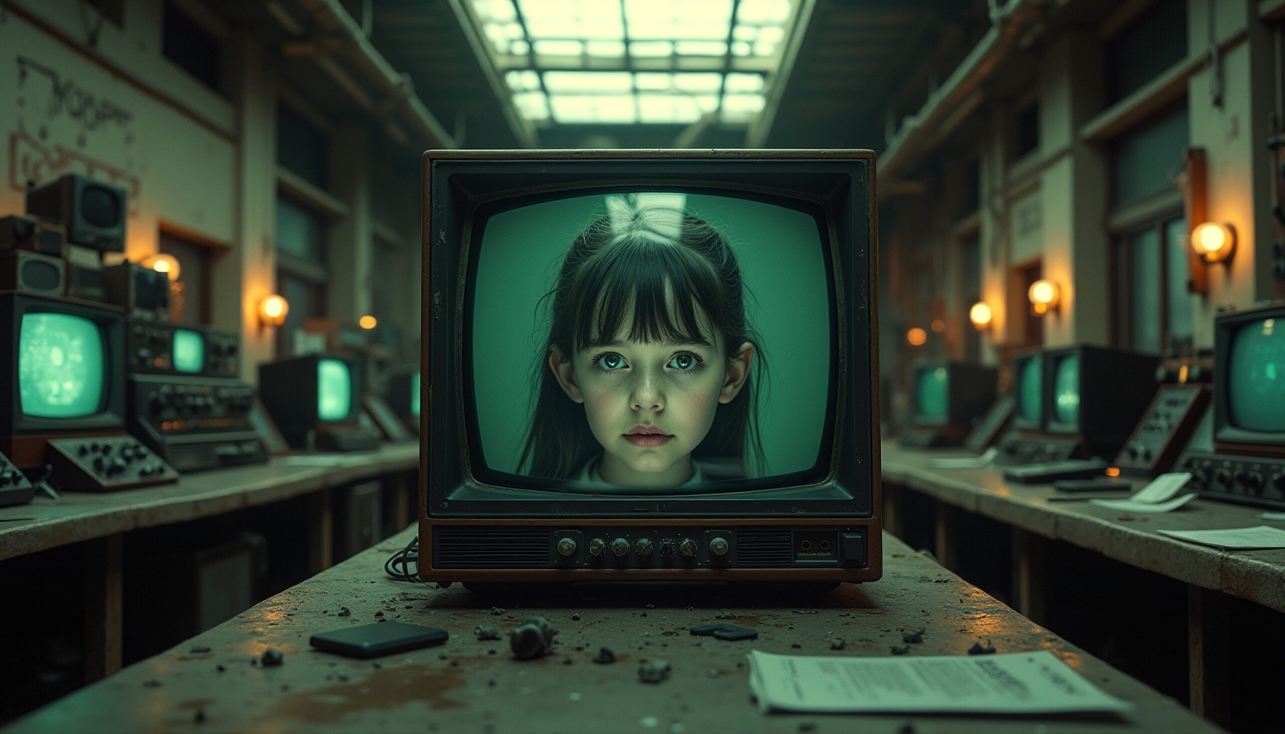Old television with girl's face displayed.