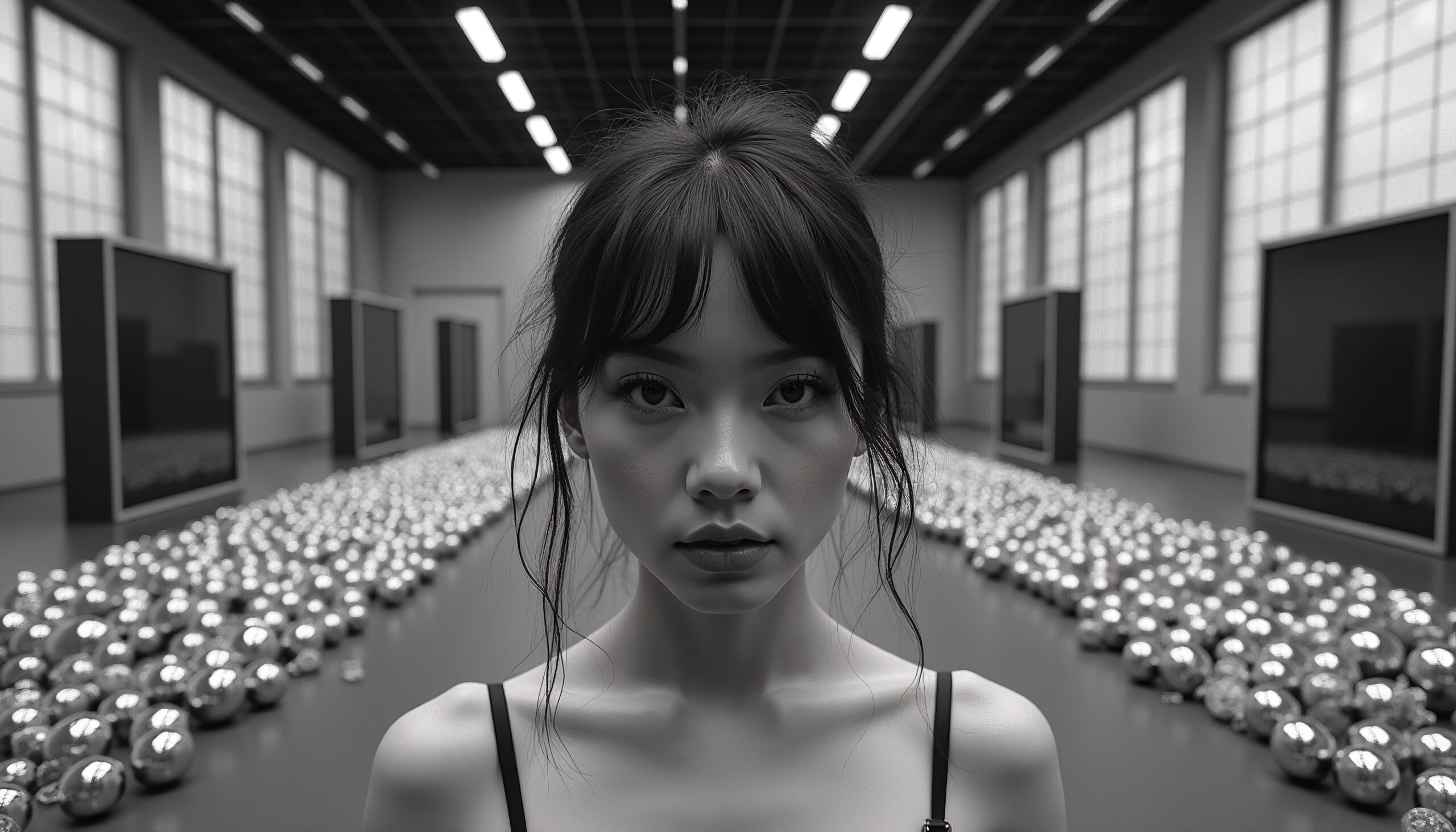 A woman in a monochrome gallery, surrounded by reflective metallic spheres and large windows, creates a dramatic contrast.
