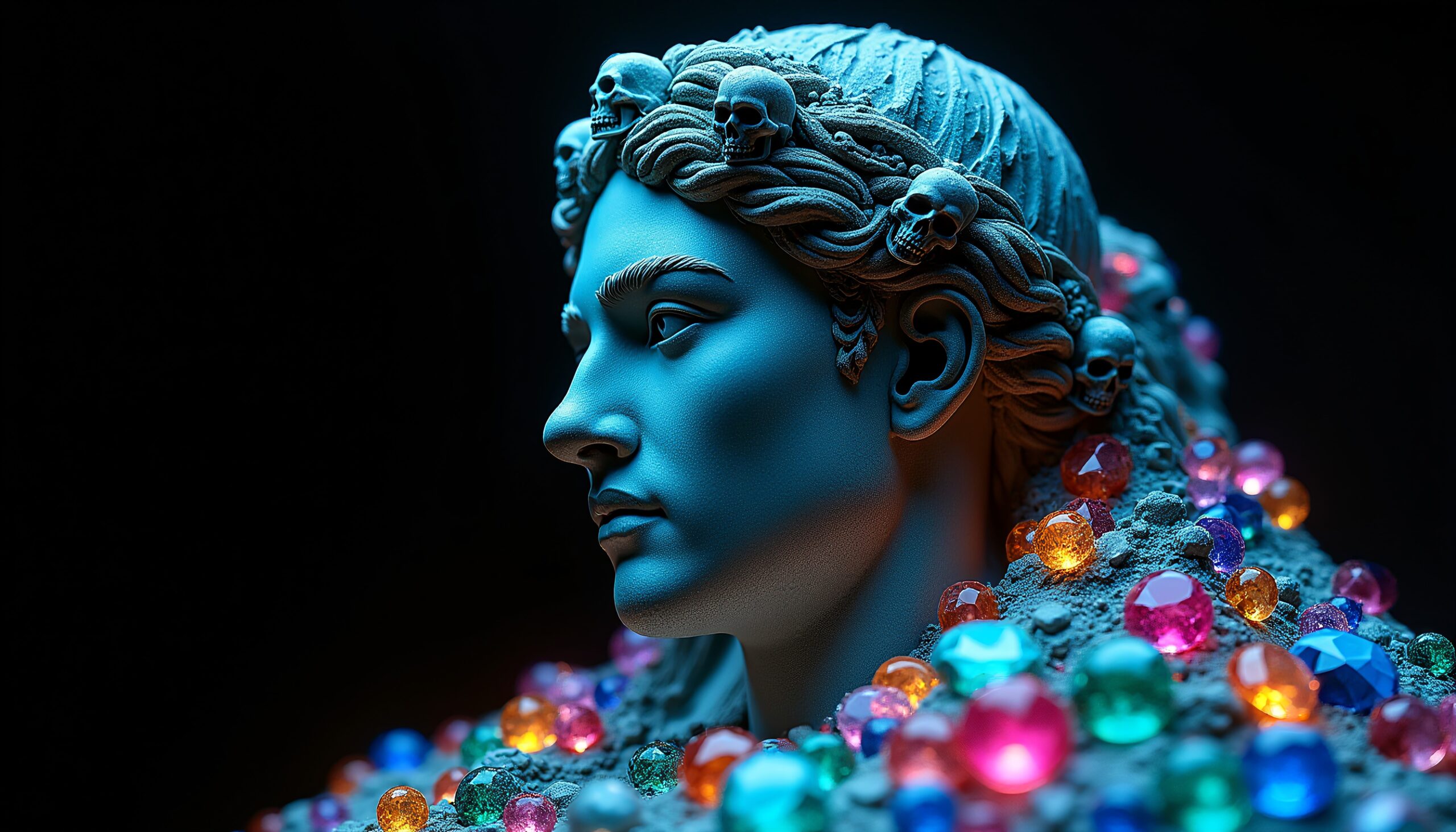 A blue-lit stone bust with skulls and colorful gems.