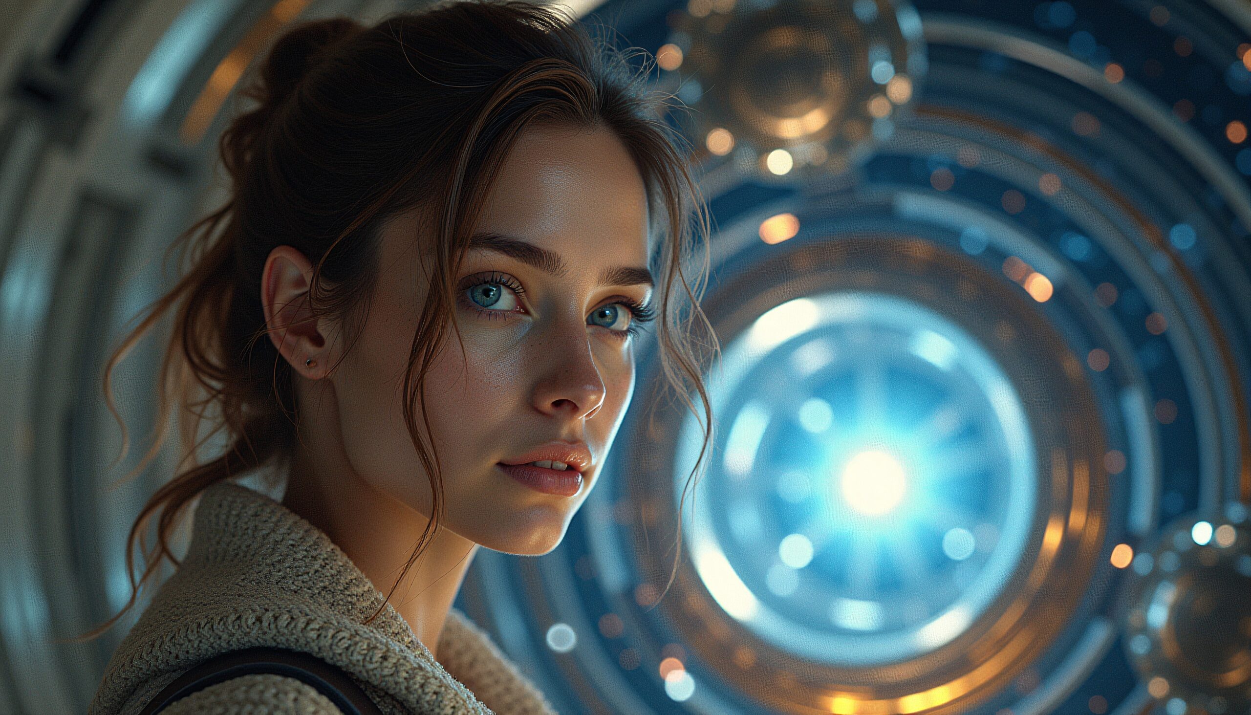 A young woman in a futuristic setting with blue lighting and a high-tech background.