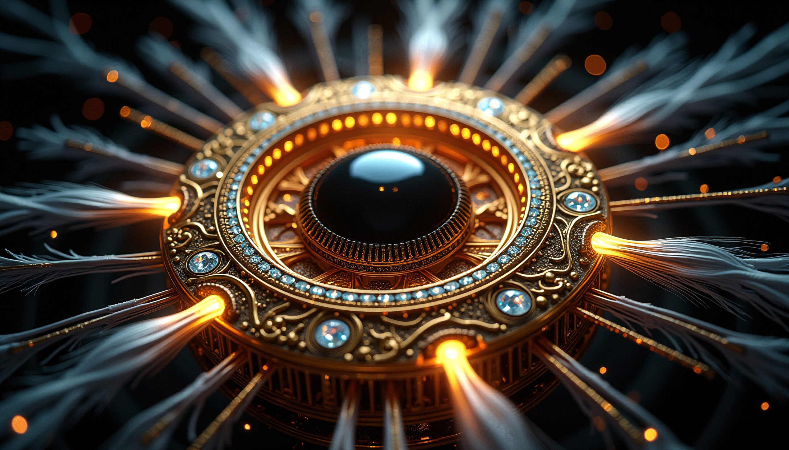 Intricate golden mandala with glowing feathers and gemstones.