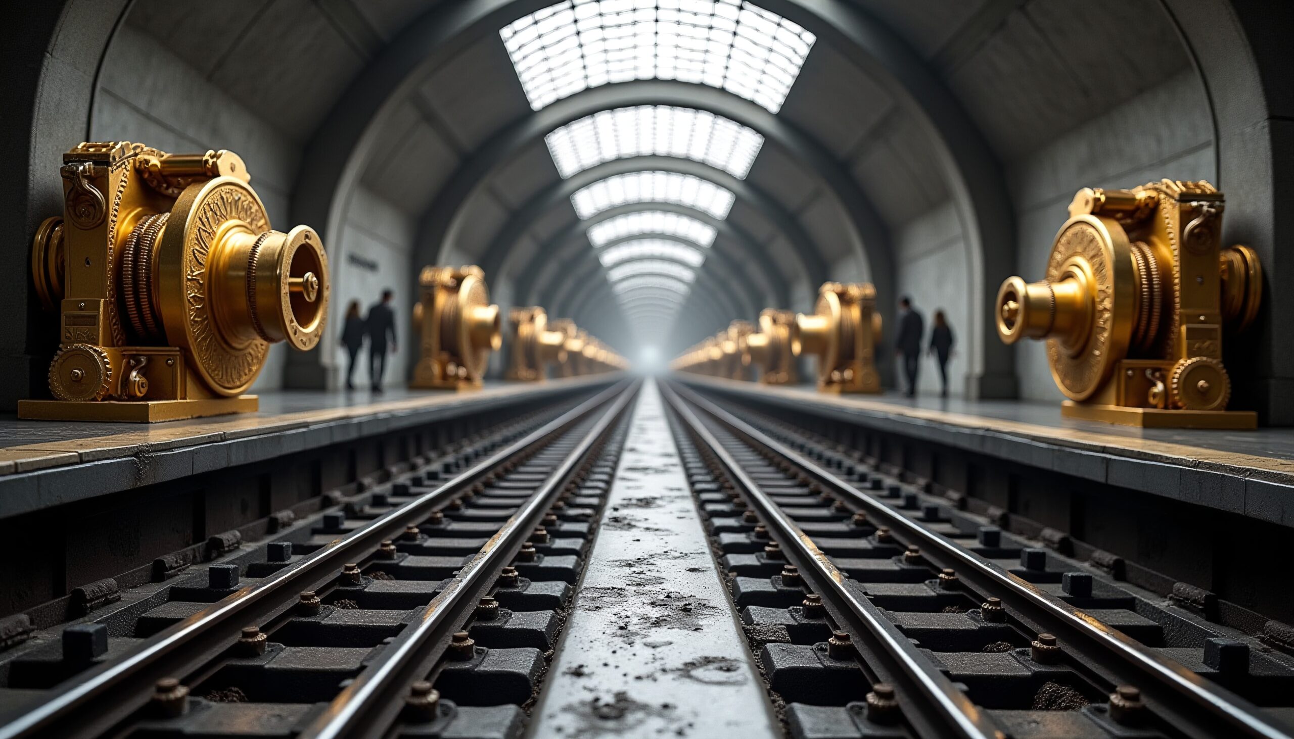 Futuristic subway platform with golden gears.