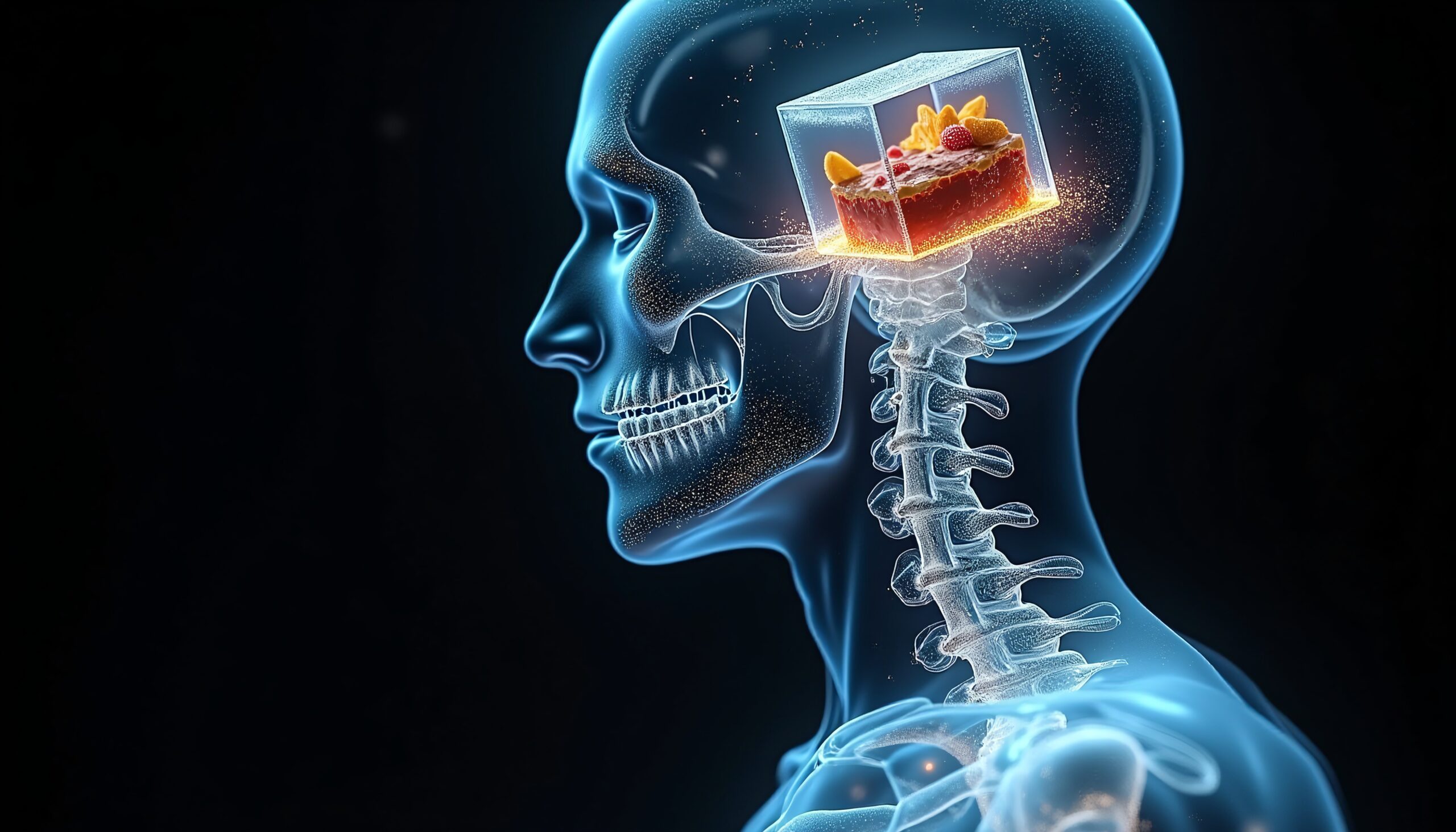Illustration of a skull with cake symbolizing craving.
