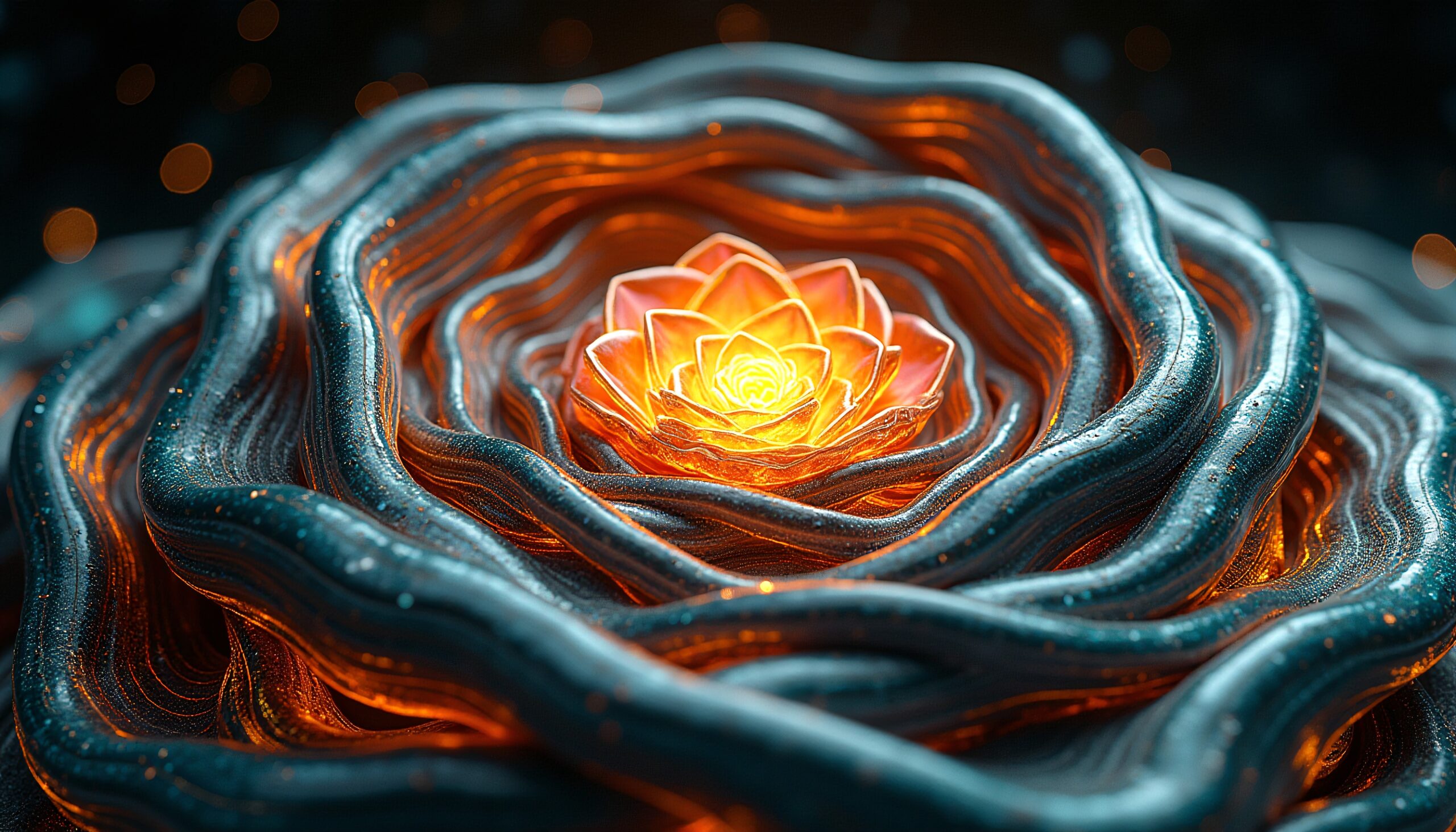 A luminous abstract flower design featuring a glowing orange center surrounded by metallic layers.